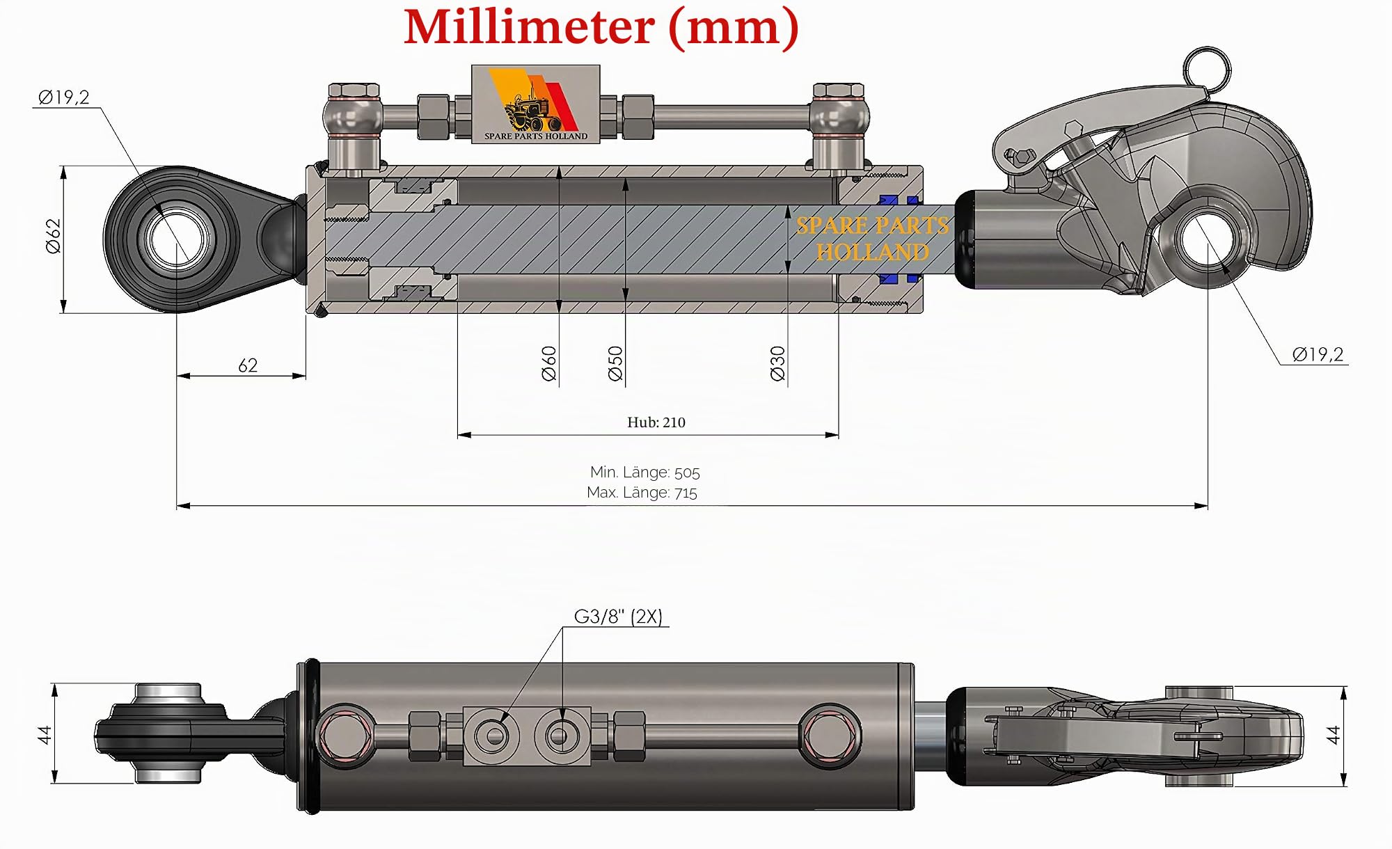 Hydraulischer Oberlenker Cat. 1+1 Fanghaken 505-715 mm Hub 210mm Sperrblock Schläuche 19,2