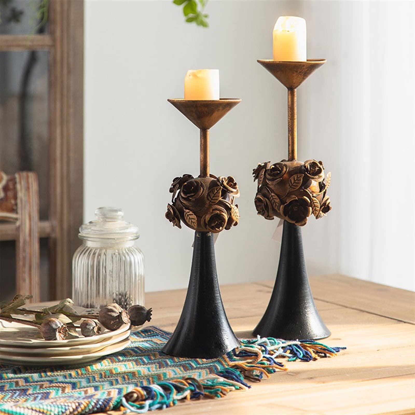 Portavelas Candelabro de Hierro Creativo, decoración Antigua Tallada, candelabro, Base Madera, Central Mesa Decoración(Medio)