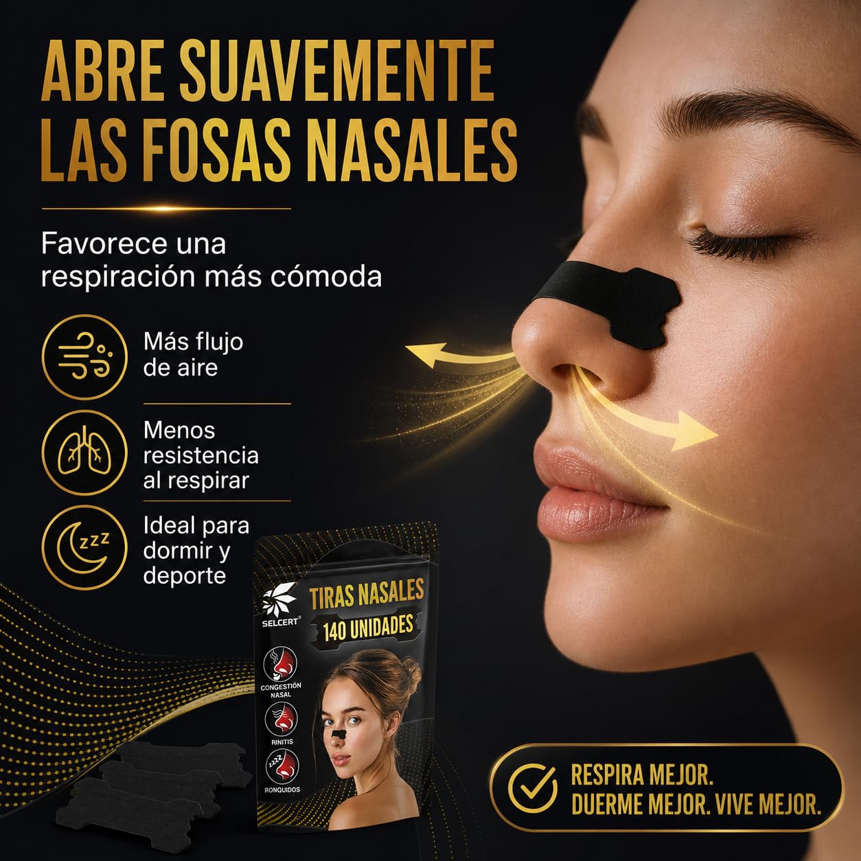 Tiras Nasales Antirronquidos x140 - Dilatador Nasal Negro para Dormir Mejor, Deporte y Congestión Nasal - Nasal Strips/Nose Strips, Adhesivo Fuerte