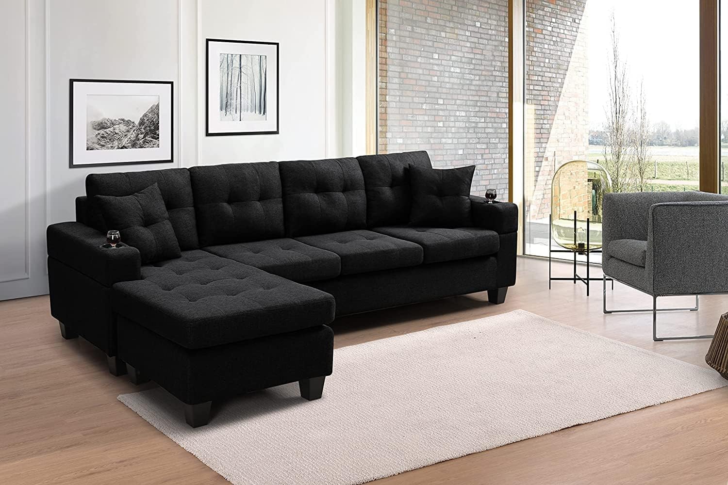 STARTOM Modern Reversible Futon Sectional Sofa Set for Living Room Bedroom, L Shape 4 Seat Couch w/Cup Holder and Left or Right Hand Chaise, Black : Home & Kitchen