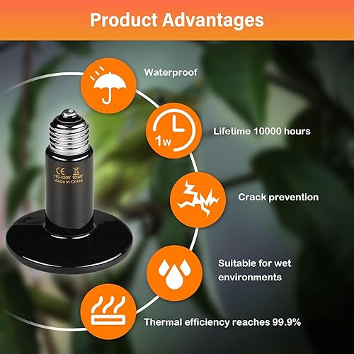 Miniatura 4 de HealSmart Lámpara de calor para reptiles de 100 W, paquete de 2 emisores de calor de cerámica, sin bombillas de calor emisoras de luz para anfibios