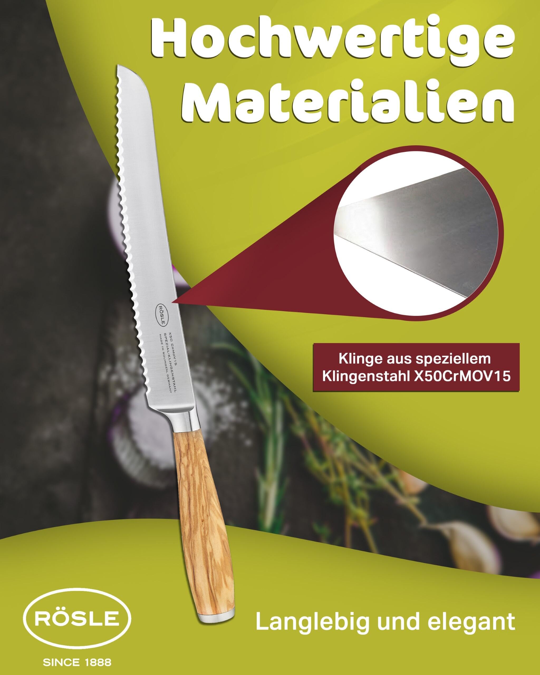 RÖSLE Nóż do chleba Artesano, wysokiej jakości nóż kuchenny do cięcia chleba, bułek i bagietek, Made in Solingen, ząbkowany, stal specjalna ostrza, drewno oliwkowe