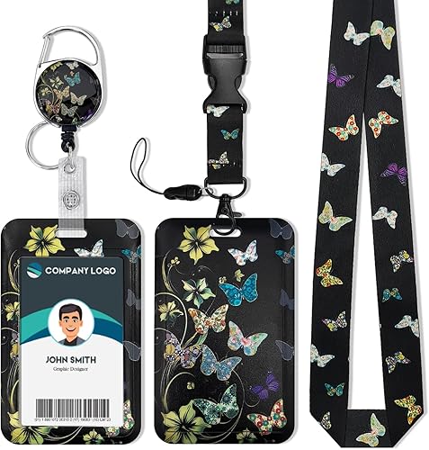 Diwvzoed Portatarjetas con carrete retráctil, bonito cordón estético de mariposa, elegante protector vertical de identificación, clip retráctil para