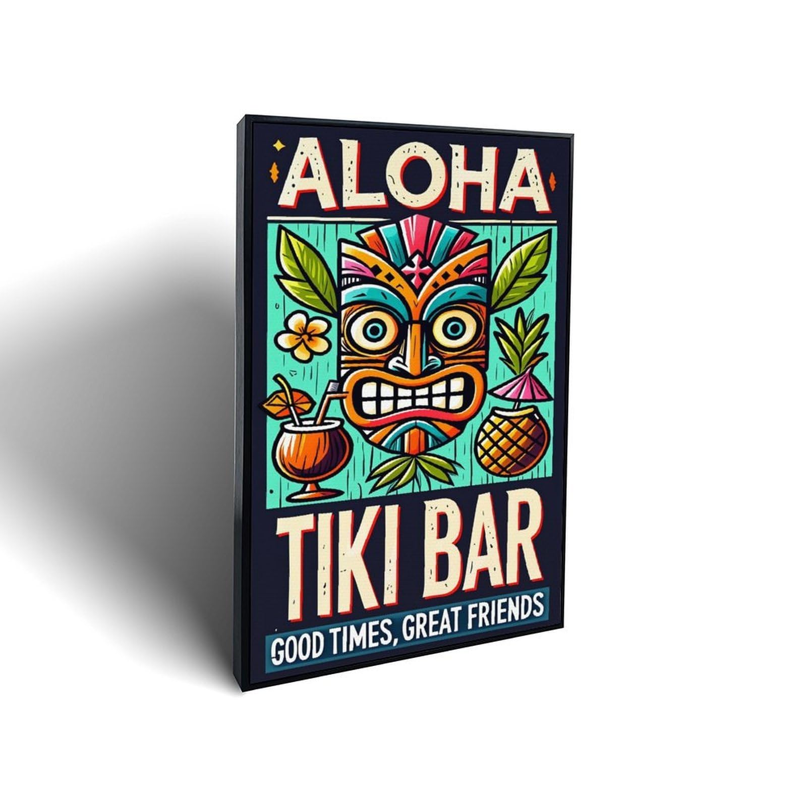 Lvalogy Black Frame-Style Tiki Mask Coconut Drink Palm Leaves Framed Canvas Wall Art