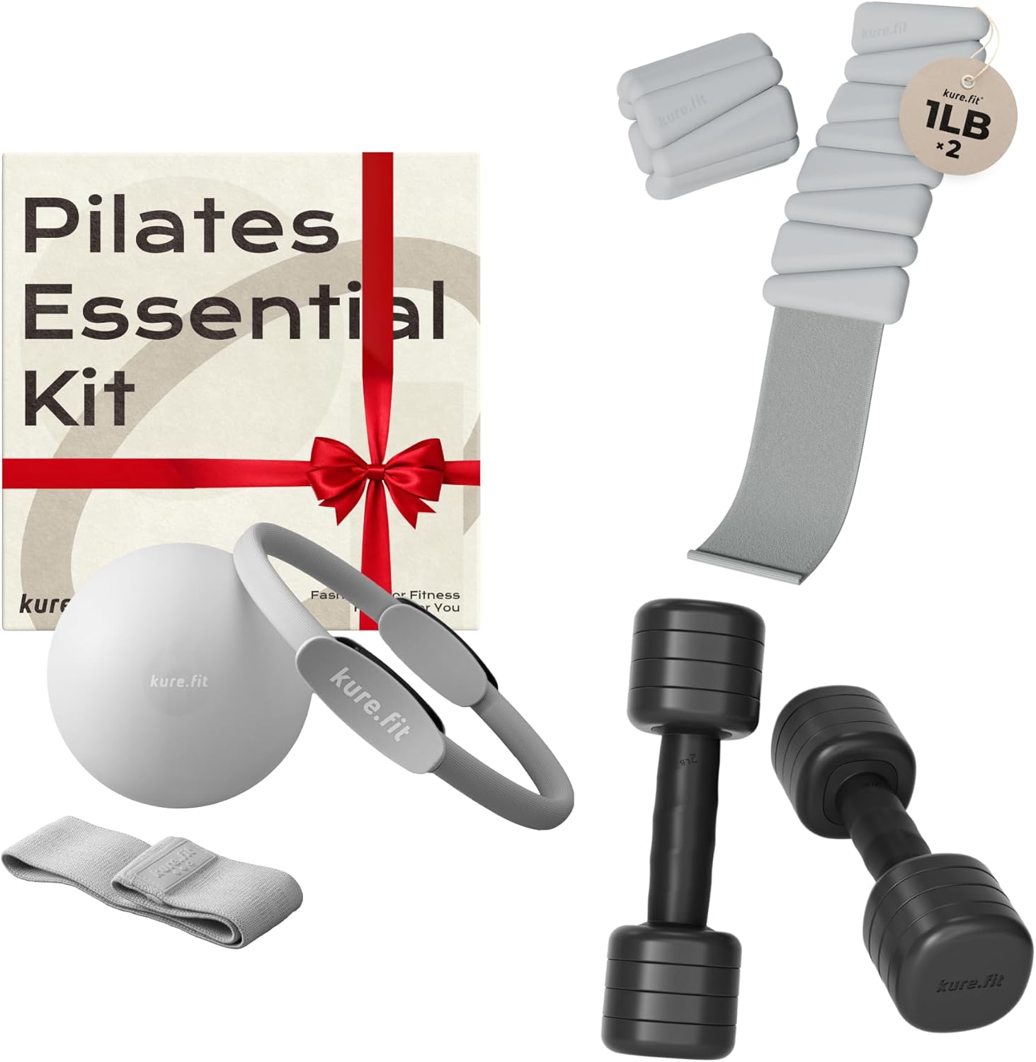 Gray Pilates Kit 1lb Weighted Bangles 2 to 5lb Black Adjustable Dumbbell Bundle