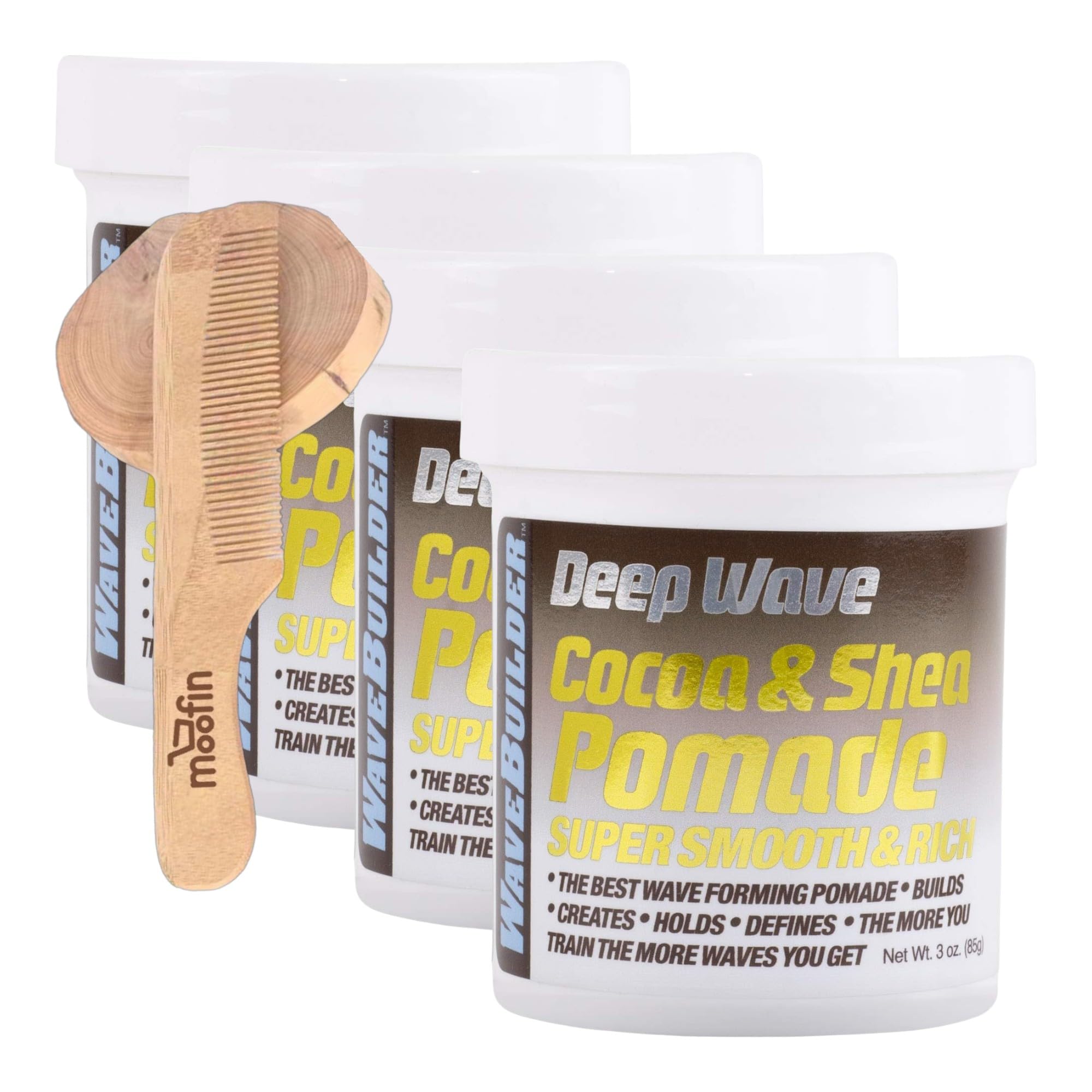 WaveBuilder Deep Wave Pomade, 3 Oz - Strong Hold Men'S Hair Pomade | Bundled With Wooden Comb - Pomade Thick Hair, Enhances Wave Formation & Nourishment Ideal For Hair Types [Pack Of 4]