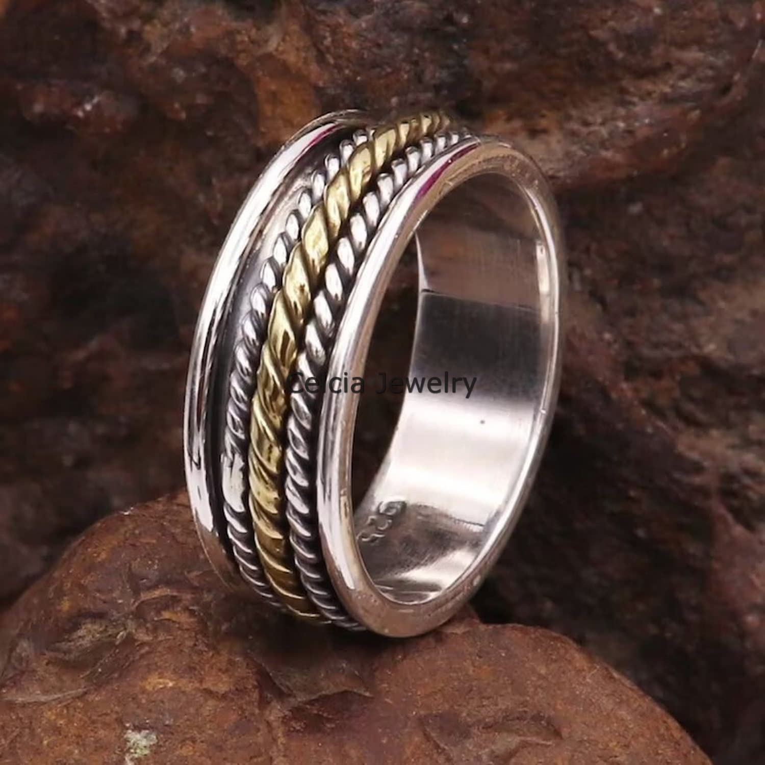 Anillo giratorio de plata de ley 925 auténtica para hombres y mujeres, regalos de cumpleaños para mamá y papá, anillo meditación para la ansiedad, anillo antiestrés, anillo dos tonos