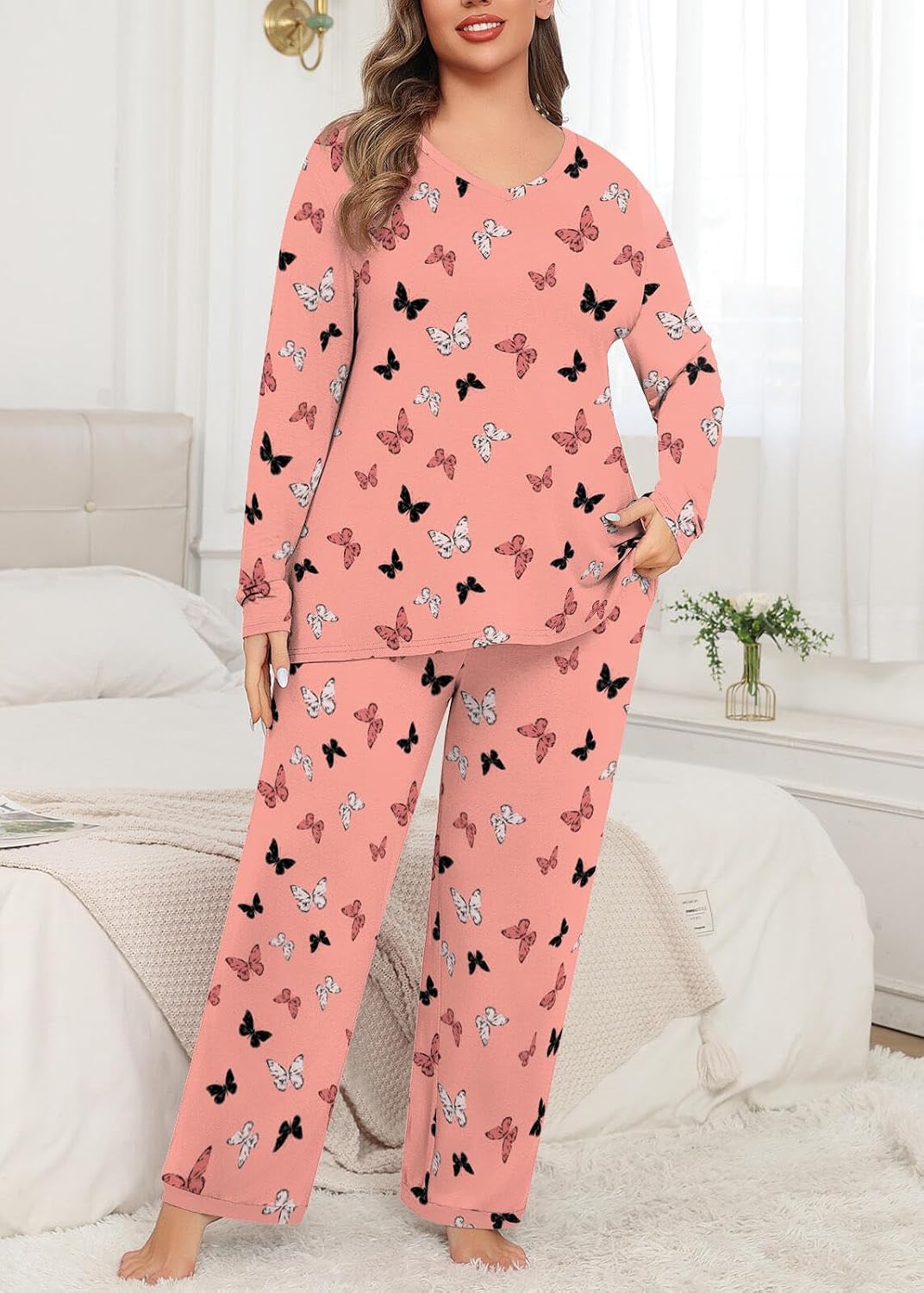 POSESHE Women’s Plus Size Pajama Sets Soft Pjs Long Pants Summer Lounge Sleepwear Pajama Sets image 3