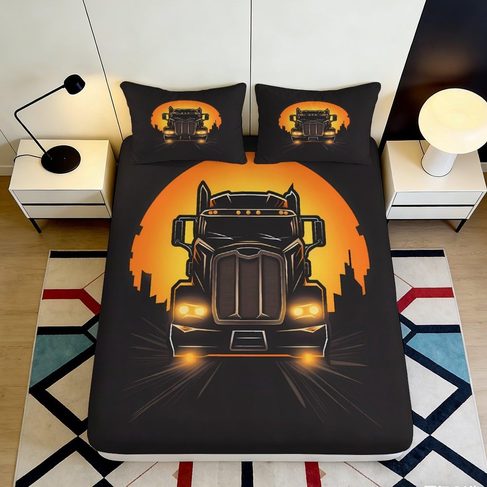 3D Printed Truck Sunset Fitted Sheet Microfiber Anti-Slip Bed Sheet for Bedroom Guest Room Decor 115 90x200x25cm