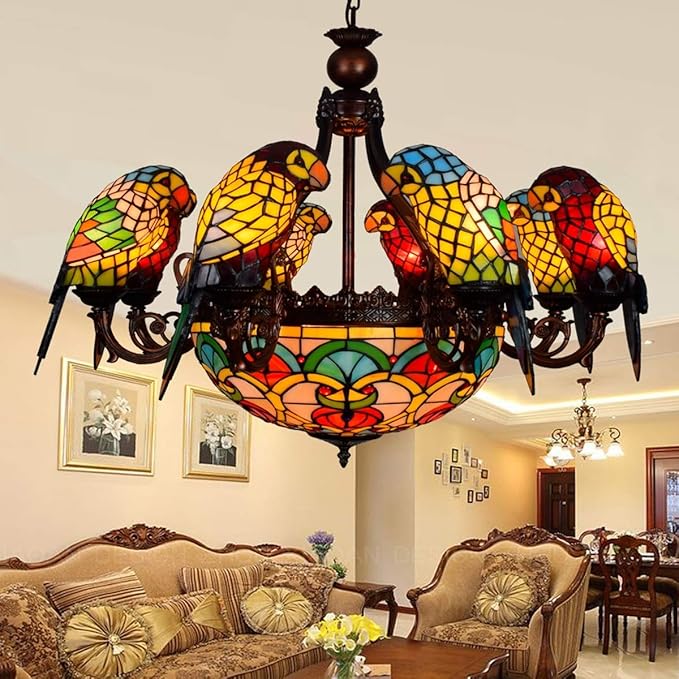 Xiaochen Tiffany glazen kroonluchter Europese Stijl Creatieve Klassieke Parrot Bird Decoratieve Lamp Tiffany Gekleurd Glas Woonkamer Eetkamer Slaapkamer Kroonluchter Koffie Rood Messing Beugel Lamp Bar Eetkame photo 2