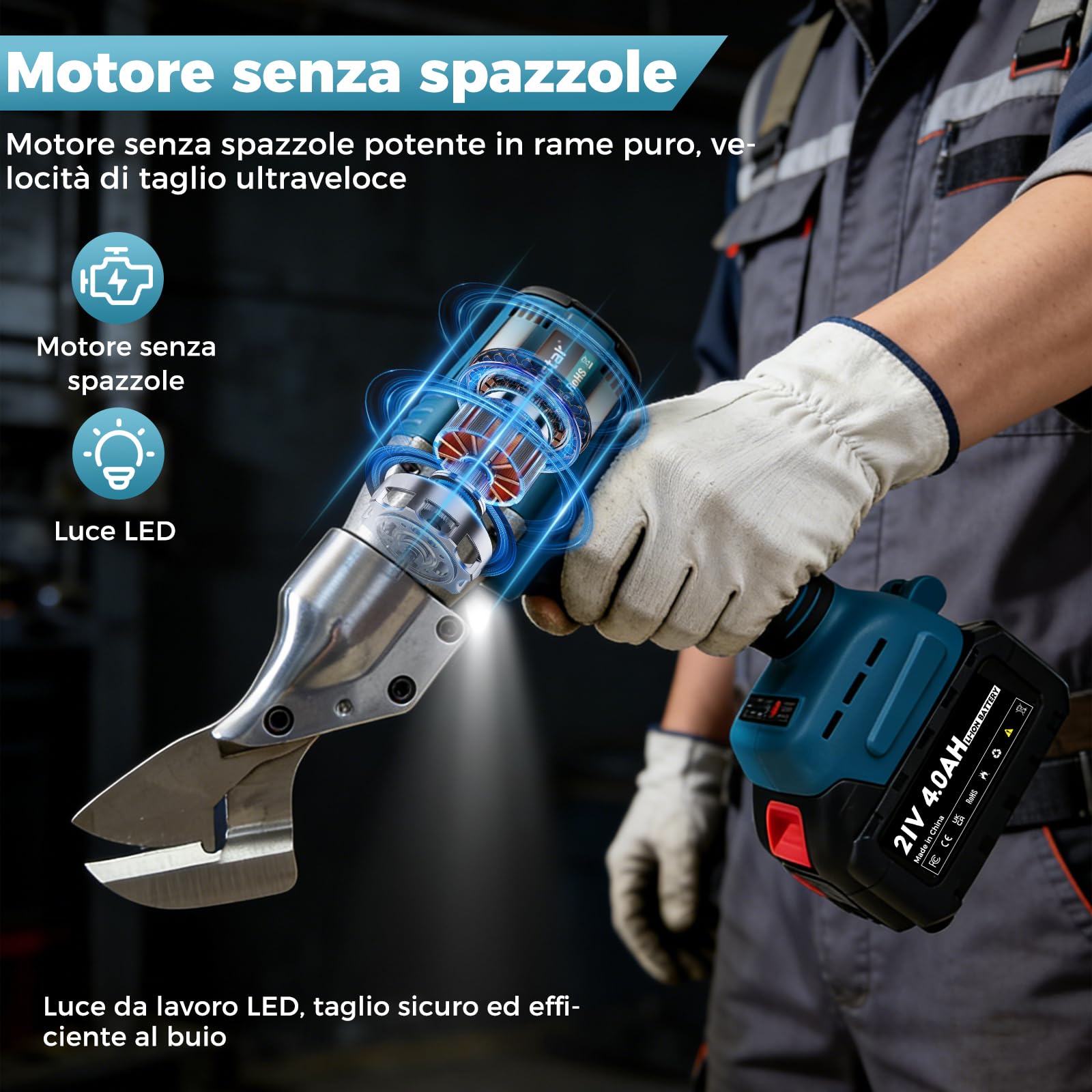 Bostar Cesoia per Lamiera a Batteria, Motore Brushless con 2 Batterie 4.0Ah, Taglierina Elettrica per Metallo 1,5mm & Alluminio 2,0mm, Testa Girevole 360°, Compatibile con Batteria Makita 18V