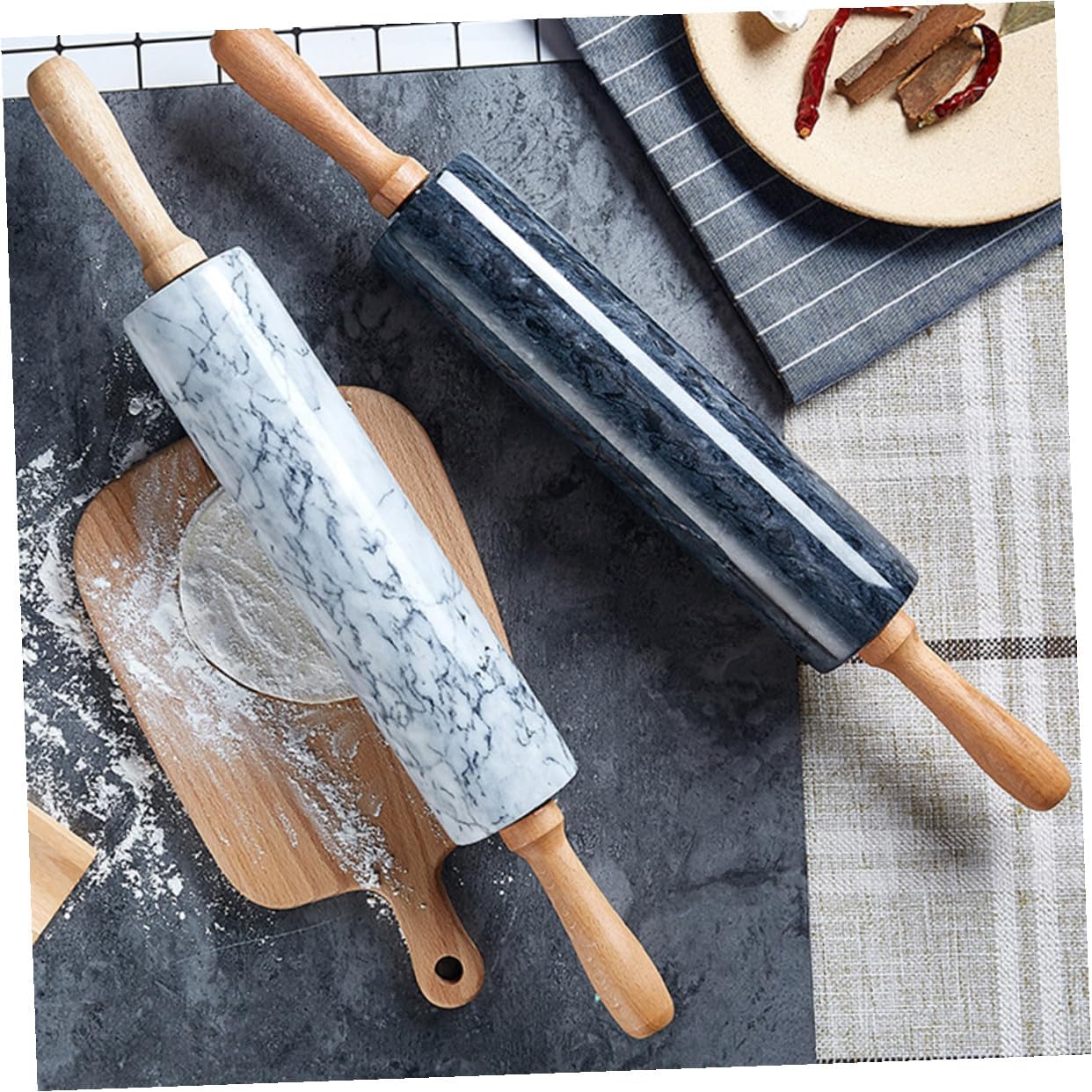 Zerodeko Chic Marble Rolling Pin with Wooden Handles Non-stick Dough Roller Baking Stick for Kitchen Pastry and Cookie Preparation