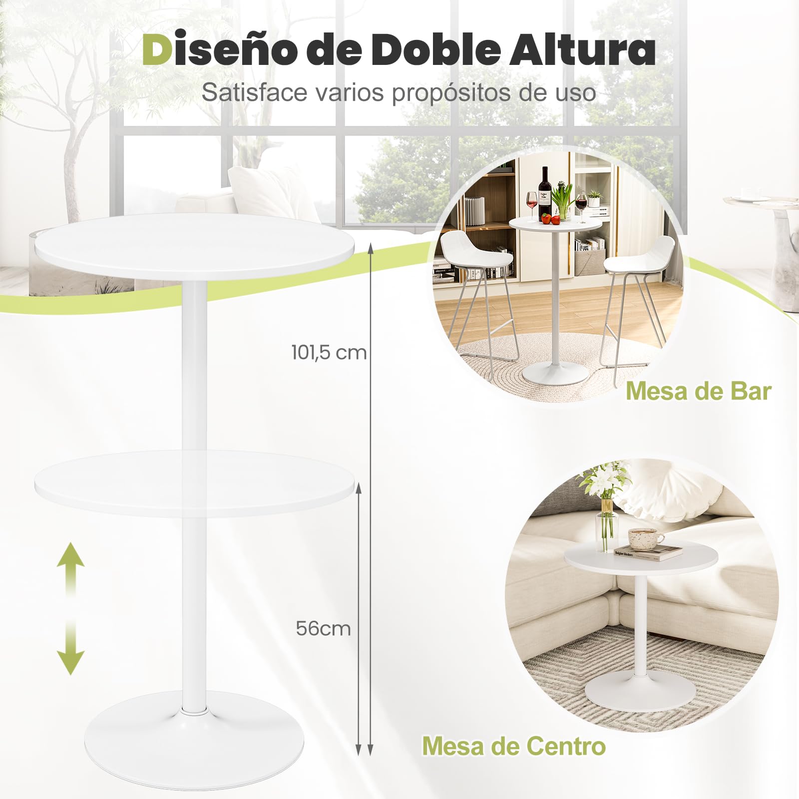 GIANTEX Juego de 1/2 Mesas de Bar Redondas con Diámetro de 60 cm, Mesa de Bistró con Altura Ajustable 56/101,5 cm, Mesita Alta de Cóctel Estilo Moderno, para Comedor, Balcón, Bar (2, Blanco)