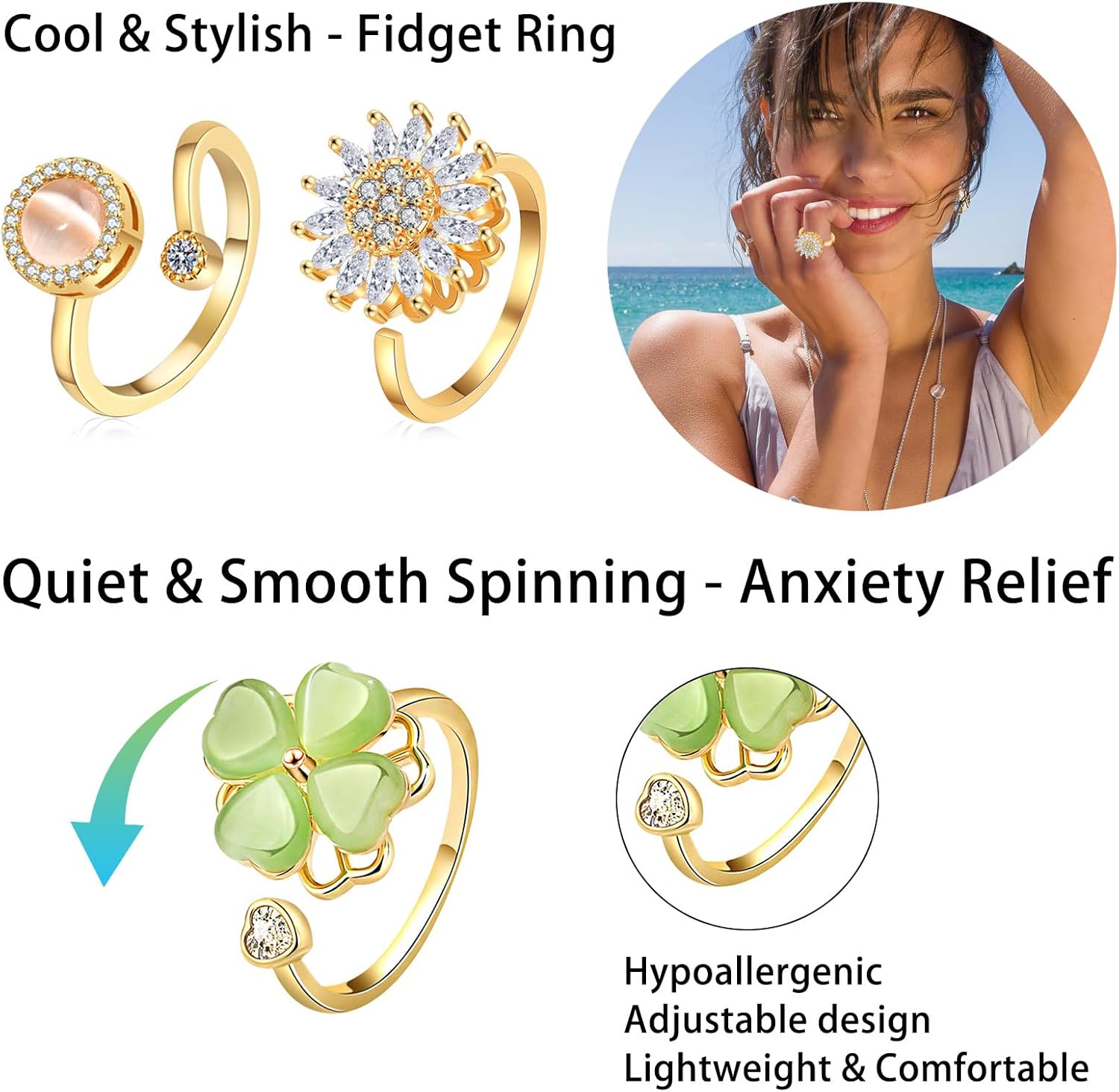 Fidget Ring Anxiety Rings for Women Gold 9pcs Adjustable Spinner Ring CZ Diamond Sunflower Moon Star Four Leaf Heart Bead Fidget Rings for Anxiety Stress Relief for Women - Image 3