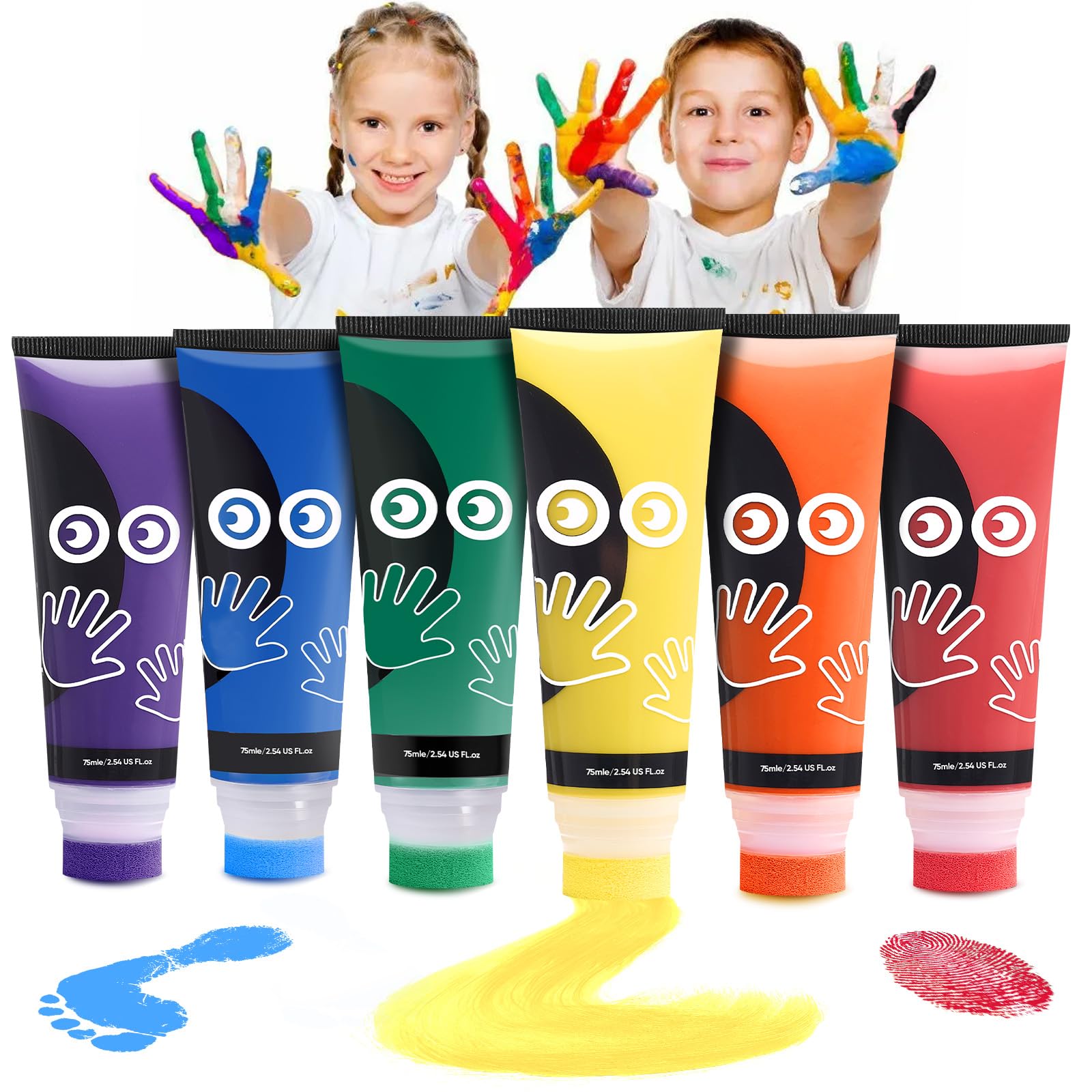 Taricor 6 Farben Fingerfarben Kinder Ungiftig, 6 x 75ml Fingermalfarben mit Schwammaufsatz für Kinder Baby Handabdruck Fußabdruck Set, Geschenk zur Früherziehung von Kindern, Handgemachte Malerei