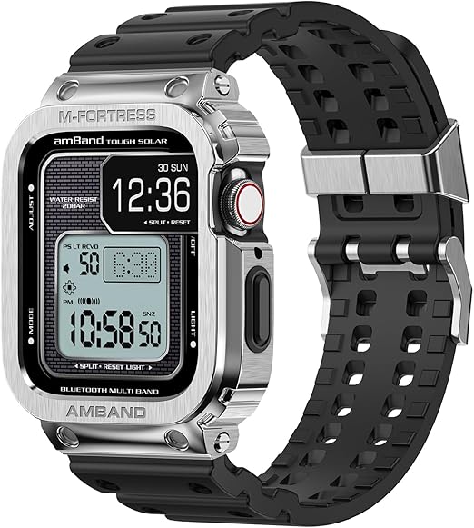 amBand Bands Case Compatible with Apple Watch 45mm, Moving Fortress Rugged Metal Bumper Men Tactical TPU Military Strap Protective Cover Accessories Compatible for iWatch 45 mm Series 9/8/7 Silver