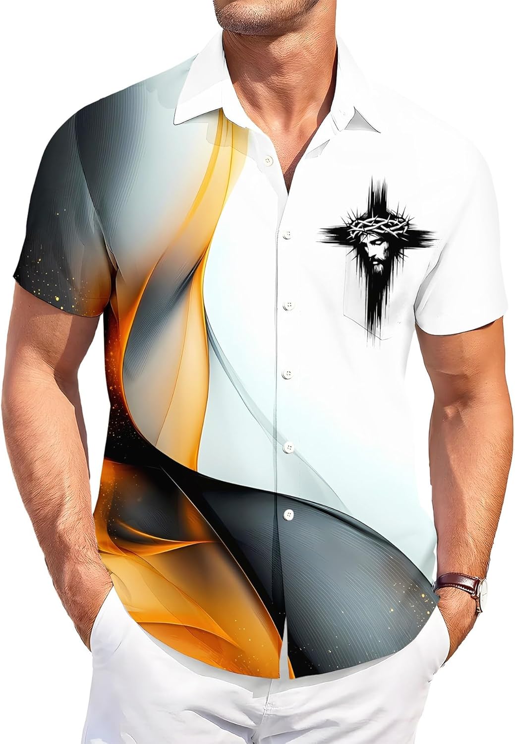 Faith Hawaiian Button Down Shirt, Casual Short Sleeve Style,Faith Cross Shirts,Beach Aloha Shirts - Image 2