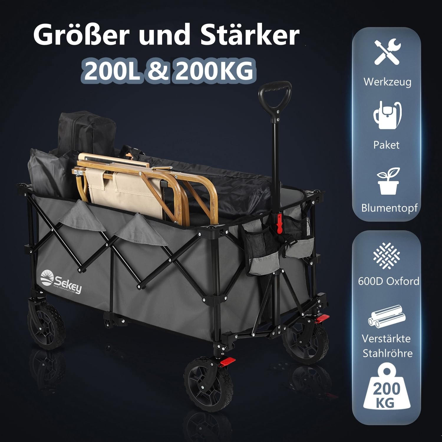 Sekey XXL Plus Bollerwagen Faltbar 200L 200KG Tragkraft, Faltbarer Bollerwagen Geländetauglich mit Bremsen, Handwagen Patentiert Klappbar aus Vier Richtungen, XXL-PlusG 4010, Anthrazit