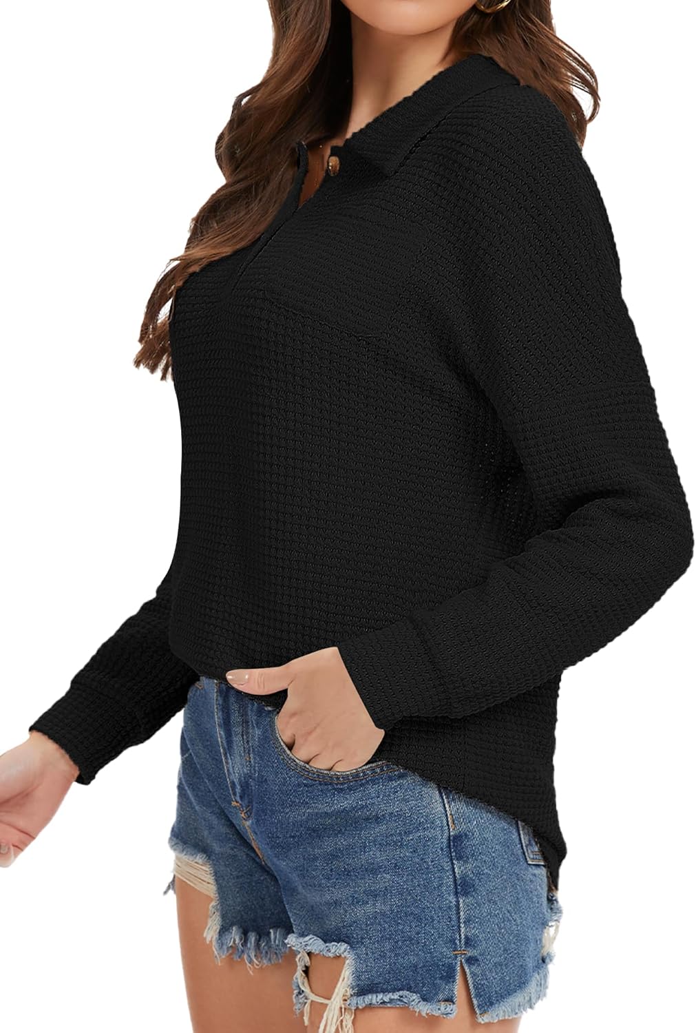 Womens Tops Waffle Knit V-Neck Long Sleeve T-shirts Button Down with Pockets Tunic Fashion Clothing - Image 6