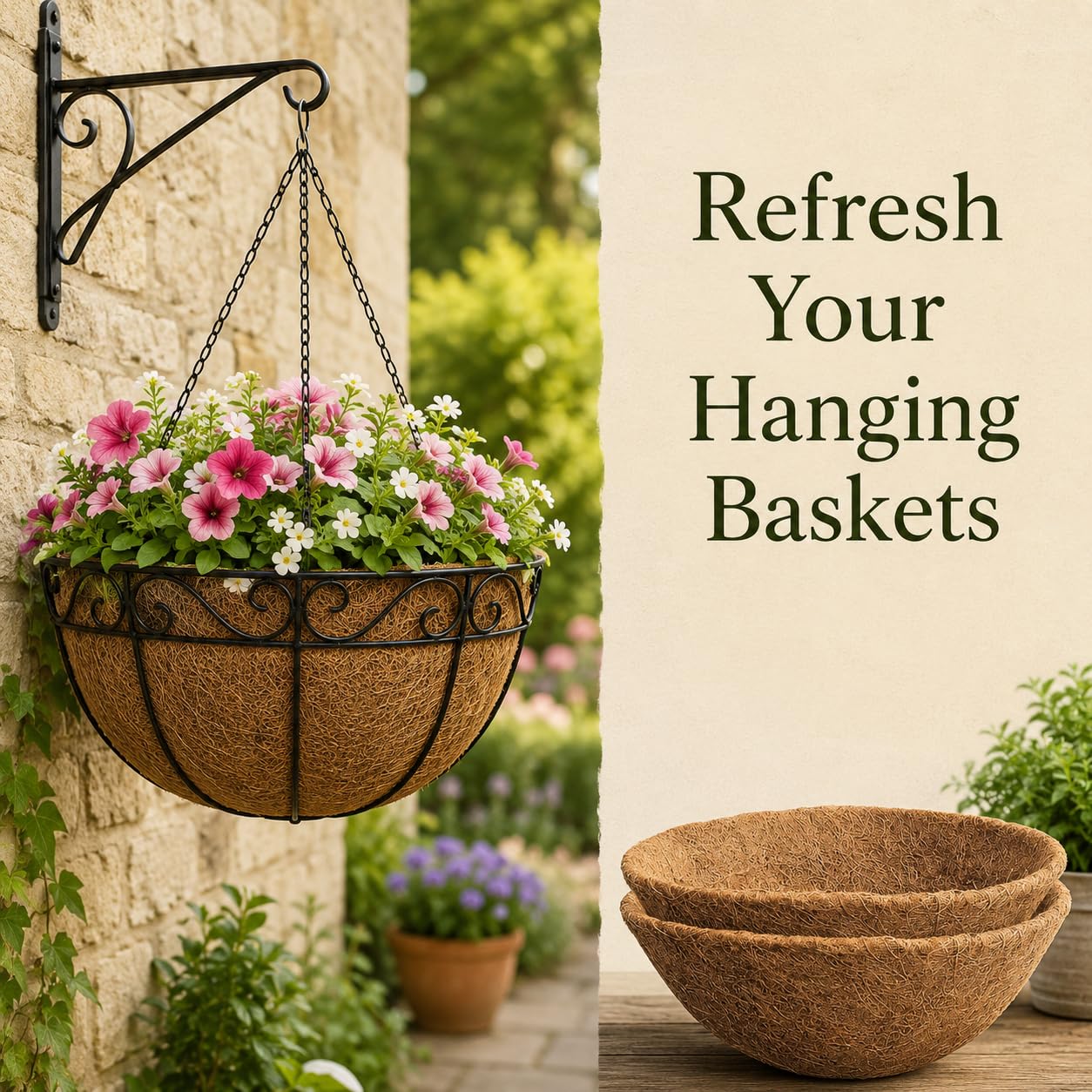 2 Pack Hanging Basket Liners, Round Coco Coir Liners for Hanging Baskets, Natura