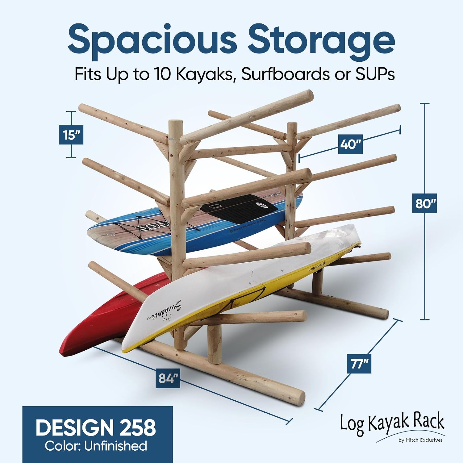 10-Place Log Kayak Storage Rack Outdoor, Paddle Board Racks, Surfboard Stand, SUP Storage, Freestanding Sports & Outdoors Racks, SUP Kayaks - Unfinished + 15" Anchor Kit