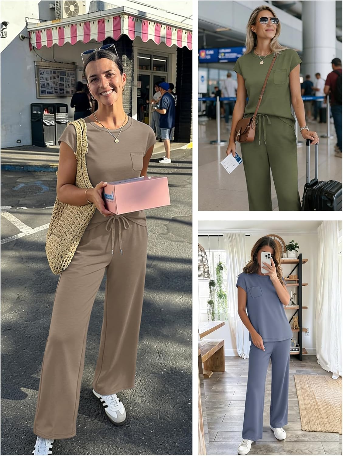 ATHMILE Two Piece Sets for Women Casual Summer Travel Outfits Cap Sleeve Vacation Cap Sleeve Wide Leg Pants Lounge Set - Image 3