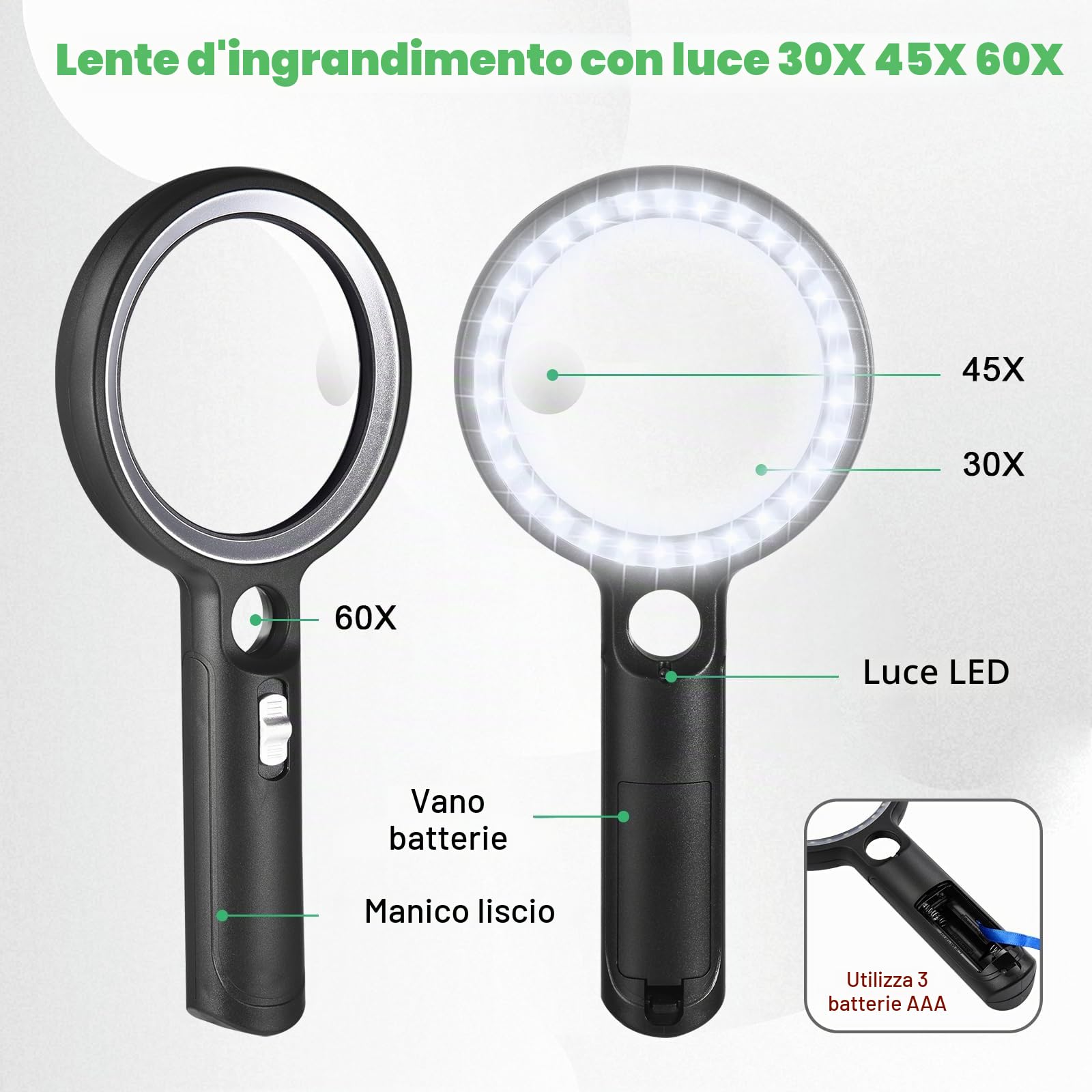 Lente d'ingrandimento LED 30X 45X 60X Professionale 2 Modalità 30 LED per Lettura Ispezione