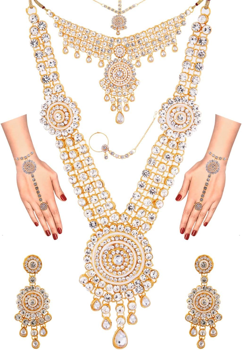 Efulgenz Indian Bridal Jewelry Indian Wedding Jewelry Sets for Women Bridal Bollywood Kundan Rhinestone Necklace Earrings Maang Tikka Head Chain Nose Ring Bracelet Jewelry Set