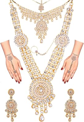 Efulgenz Indian Bridal Jewelry Indian Wedding Jewelry Sets for Women Bridal Bollywood Kundan Rhinestone Necklace Earrings Maang Tikka Head Chain Nose Ring Bracelet Jewelry Set