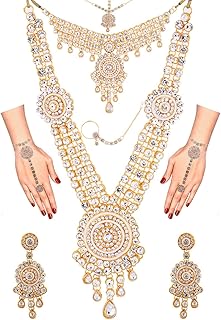 Indian Bridal Jewelry Indian Wedding Jewelry Sets for Women Bridal Bollywood Kundan Rhinestone Necklace Earrings Maang Tikka Head Chain Nose Ring Bracelet Jewelry Set
