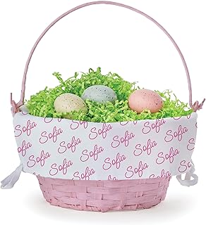 My Name Pattern Personalized Easter Egg Basket with Handle and Custom Name | White Easter Basket Liners | Pink Basket | Woven Easter Baskets for Kids | Customized Easter Basket