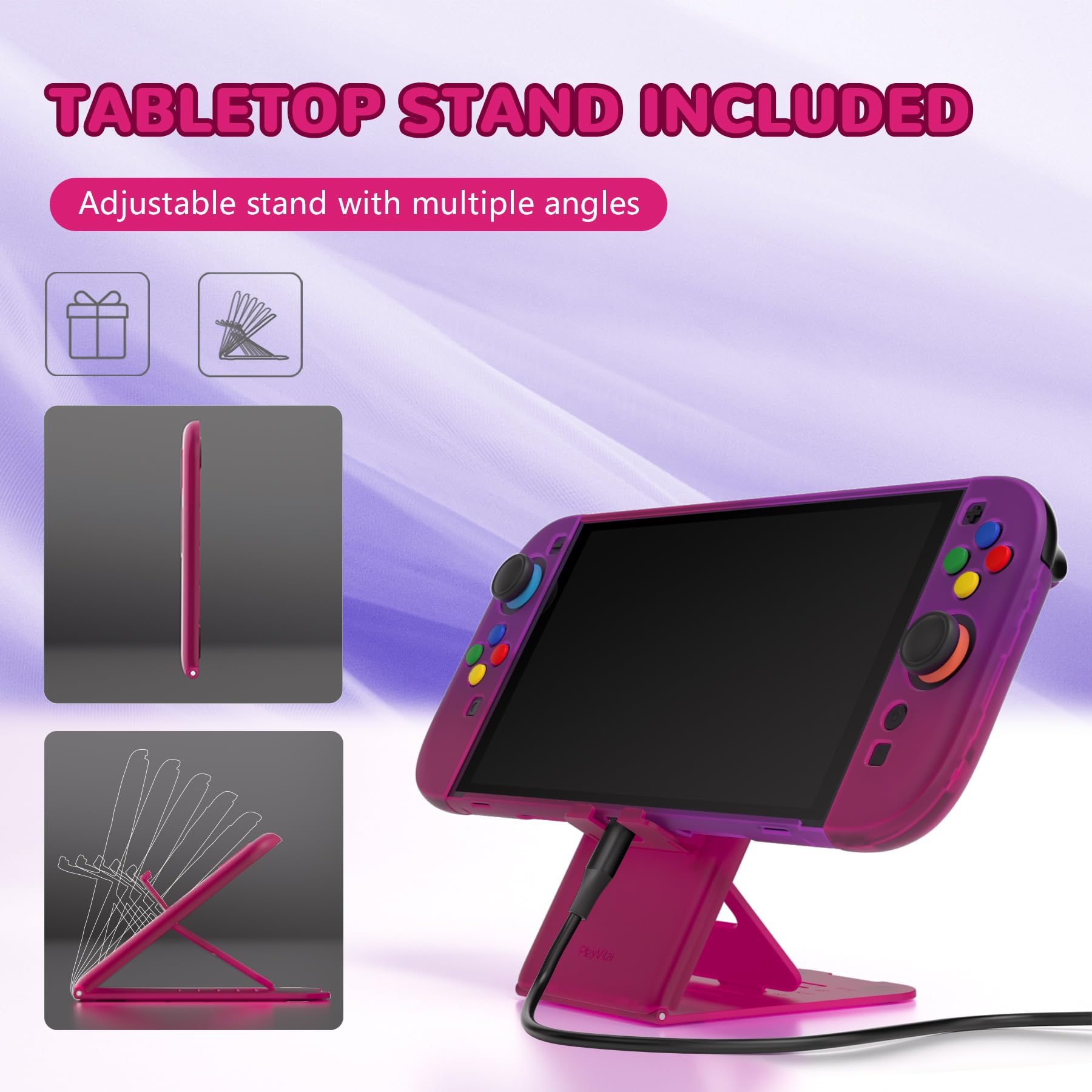 PlayVital Cover per Nintendo Switch 2 Custodia Rigida Dockable Protettiva Antigraffio, Copri Analogici/Tasti per Joycon, Supporto Pieghevole Accessori per Switch 2 Console, Trasparente Viola Rosa