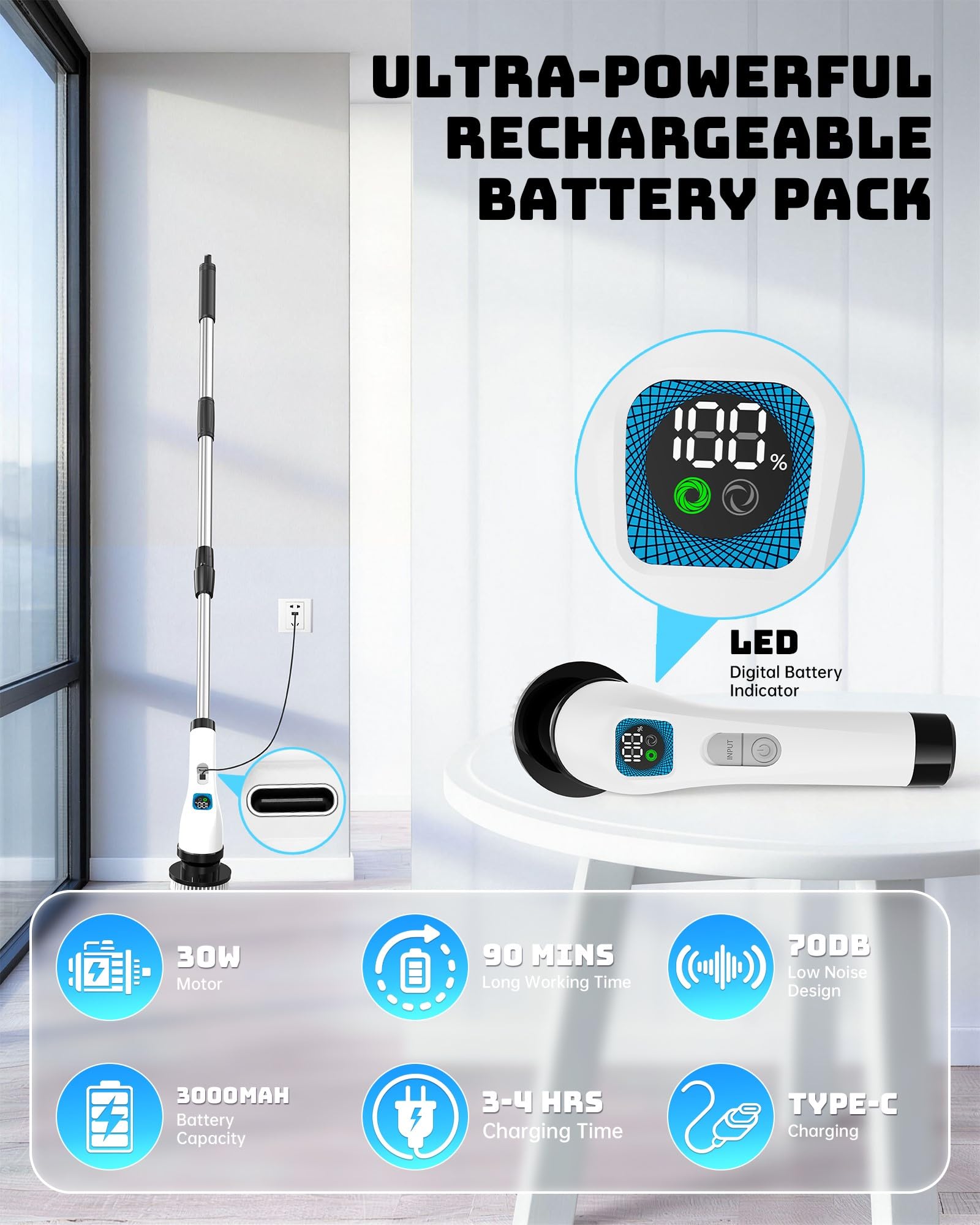 Depurador eléctrico giratorio para baño: limpiador de ducha IPX7 7 cabezales de cepillo reemplazables, 2 velocidades ajustables, 3 asas largas ajustables, limpiador eléctrico inalámbrico para limpiar