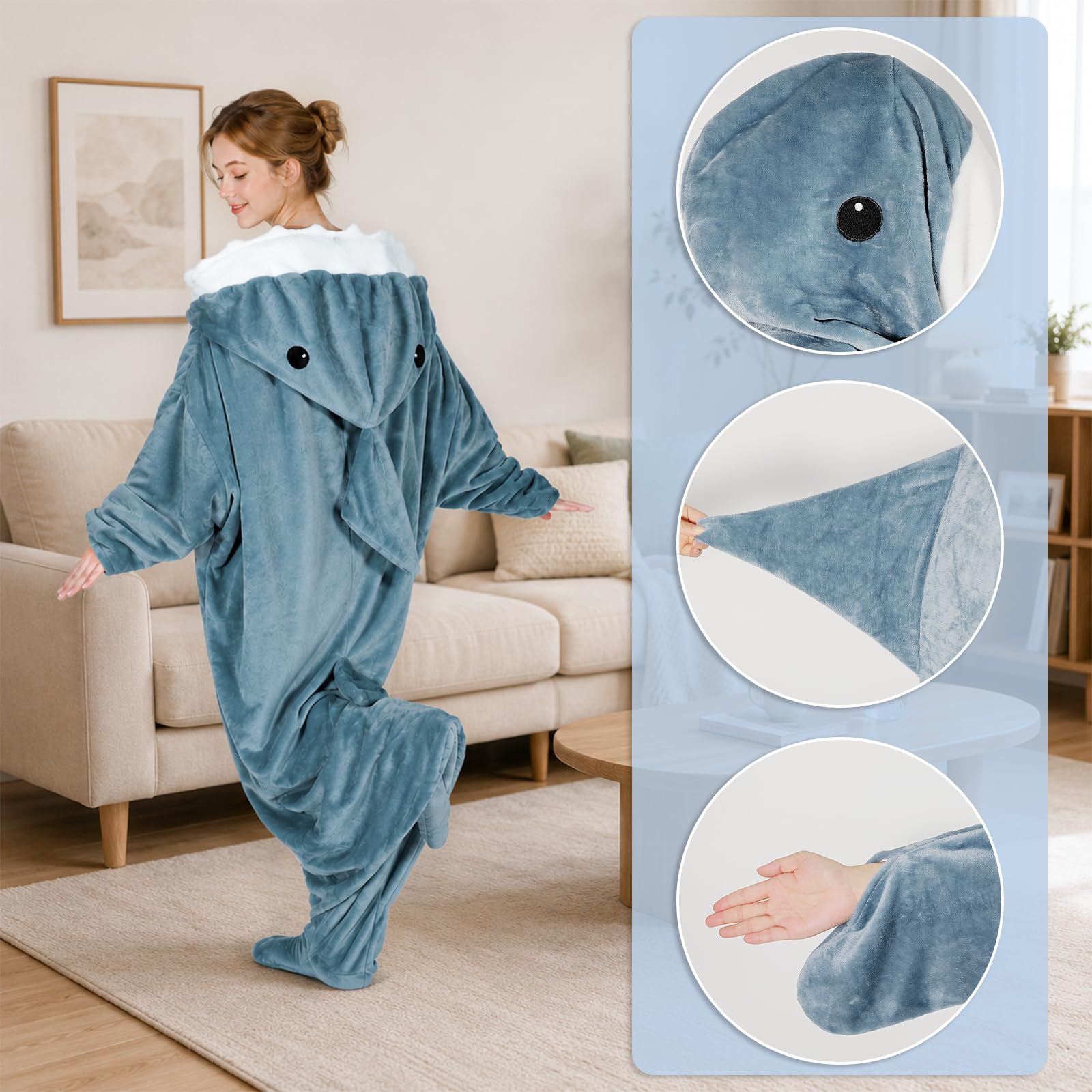 Hai Kostüm Hai Decke – Marshmallow Decke mit Kapuze, Weicher Flanell Onesie Schlafsack Tragbare Decke für Erwachsene Kinder - XL