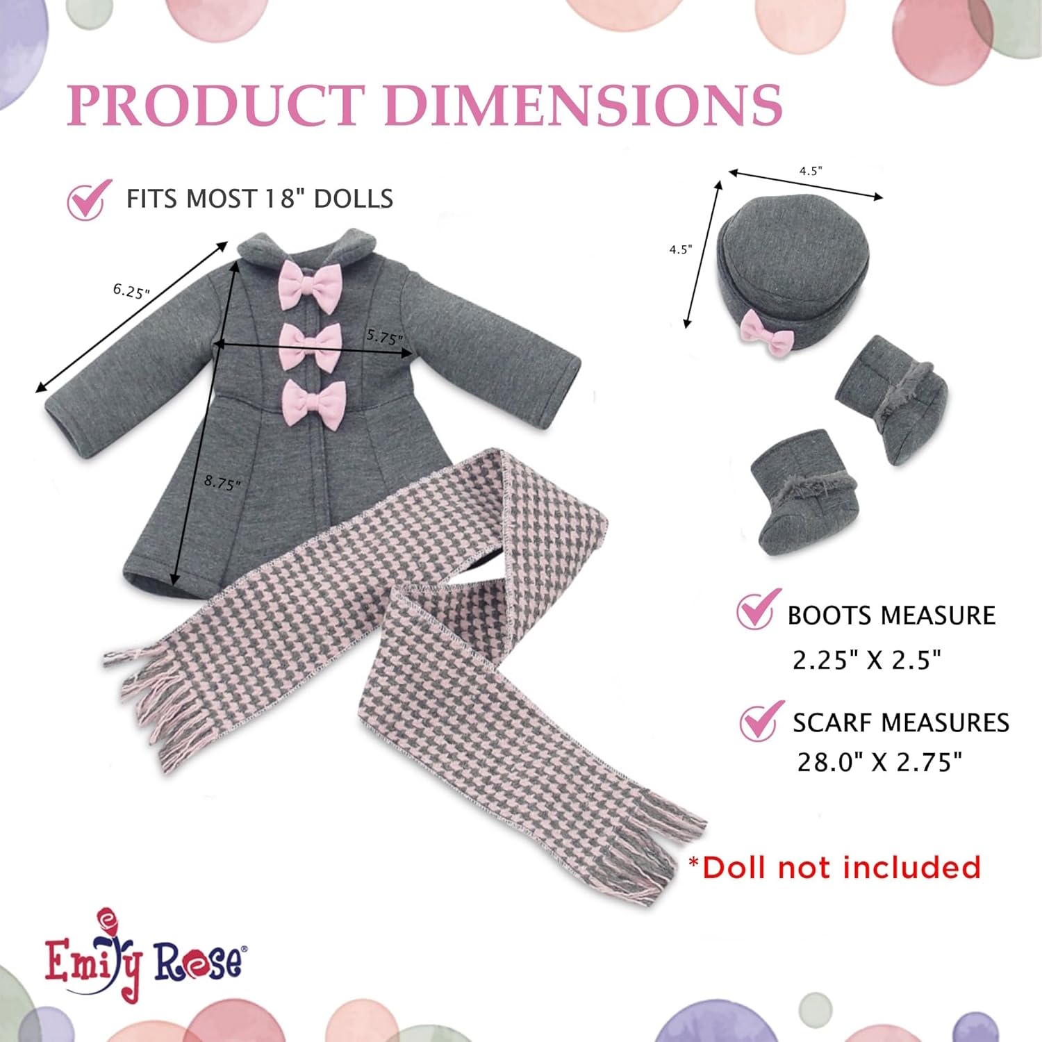 Emily Rose 18-inch Doll Clothes Grey and Pink 4 PC Winter Coat Outdoor Outfit, Includes Matching Hat, Boots and Scarf | Compatible with 18" American Girl Dolls | USA Business