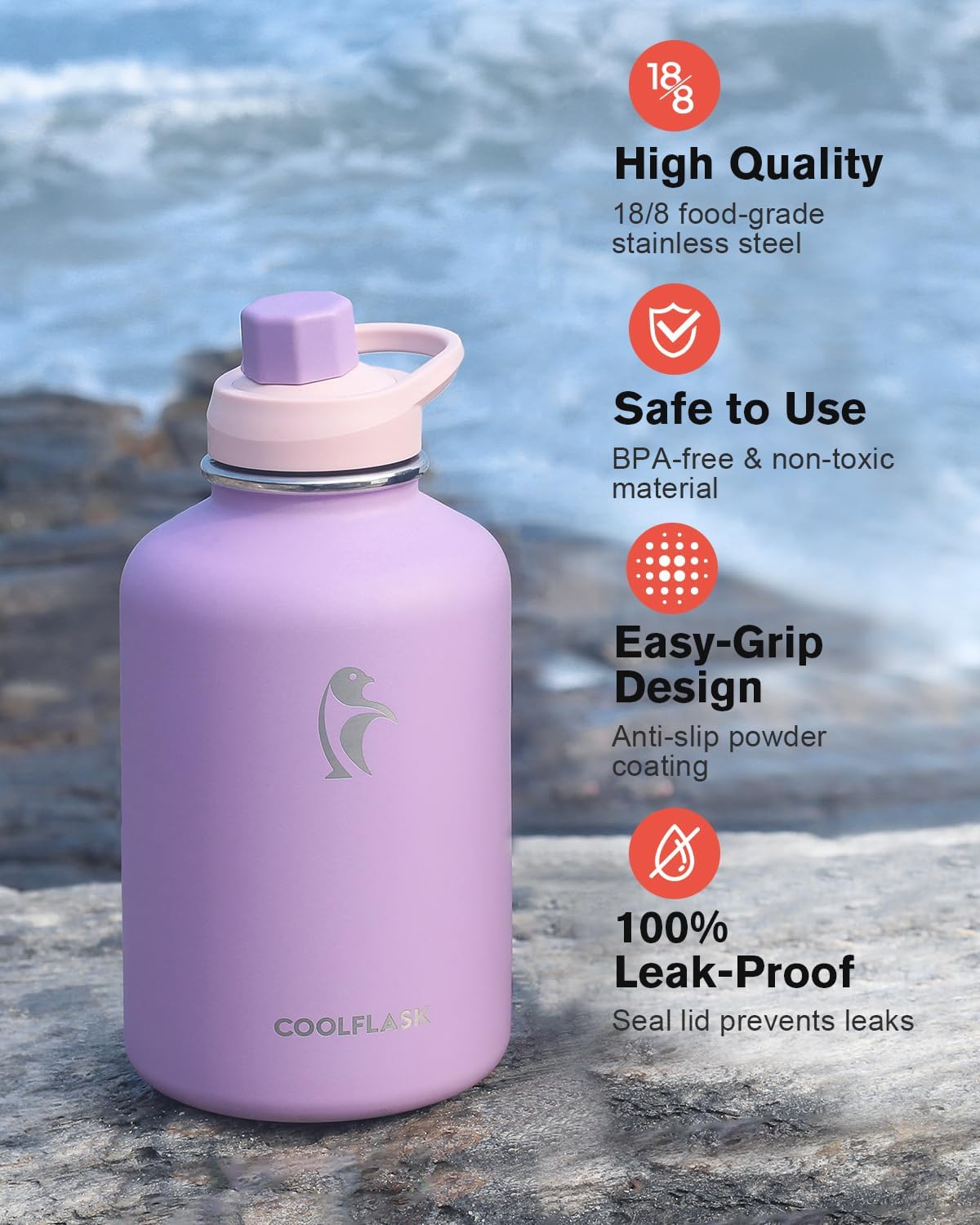 Coolflask Half Gallon Water Bottle Insulated with PU Leather Sleeve, 64 oz Water Bottle Color Contrast with Straw Lids, Stainless Steel Metal Large Water Jug, Keep Cold 48h Hot 24h,Lilac Purple - Image 5