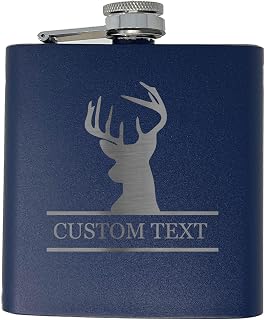 6-Ounce Stainless Steel Deer Hunting Season Hunter, Personalized Metal Portable Drinking Pocket Hip Flask, Navy Blue, Laser Etched Engraved Custom Crafted