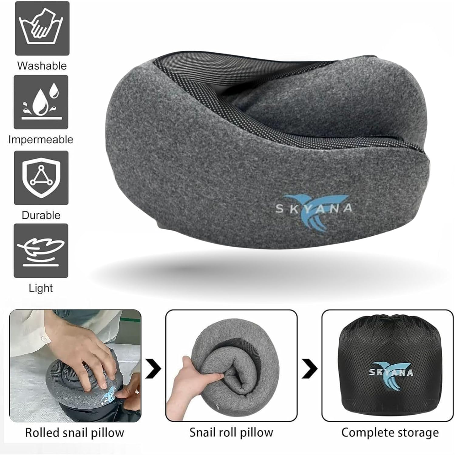 SKYANA Hooded Pro Travel Pillow - Memory Foam Neck Support Pillow for Airplane, Flight - Super-Soft Pure Cotton Fabric, Maximum Privacy & Light-Block Design, Lightweight Full Travel Kit - Dark Grey