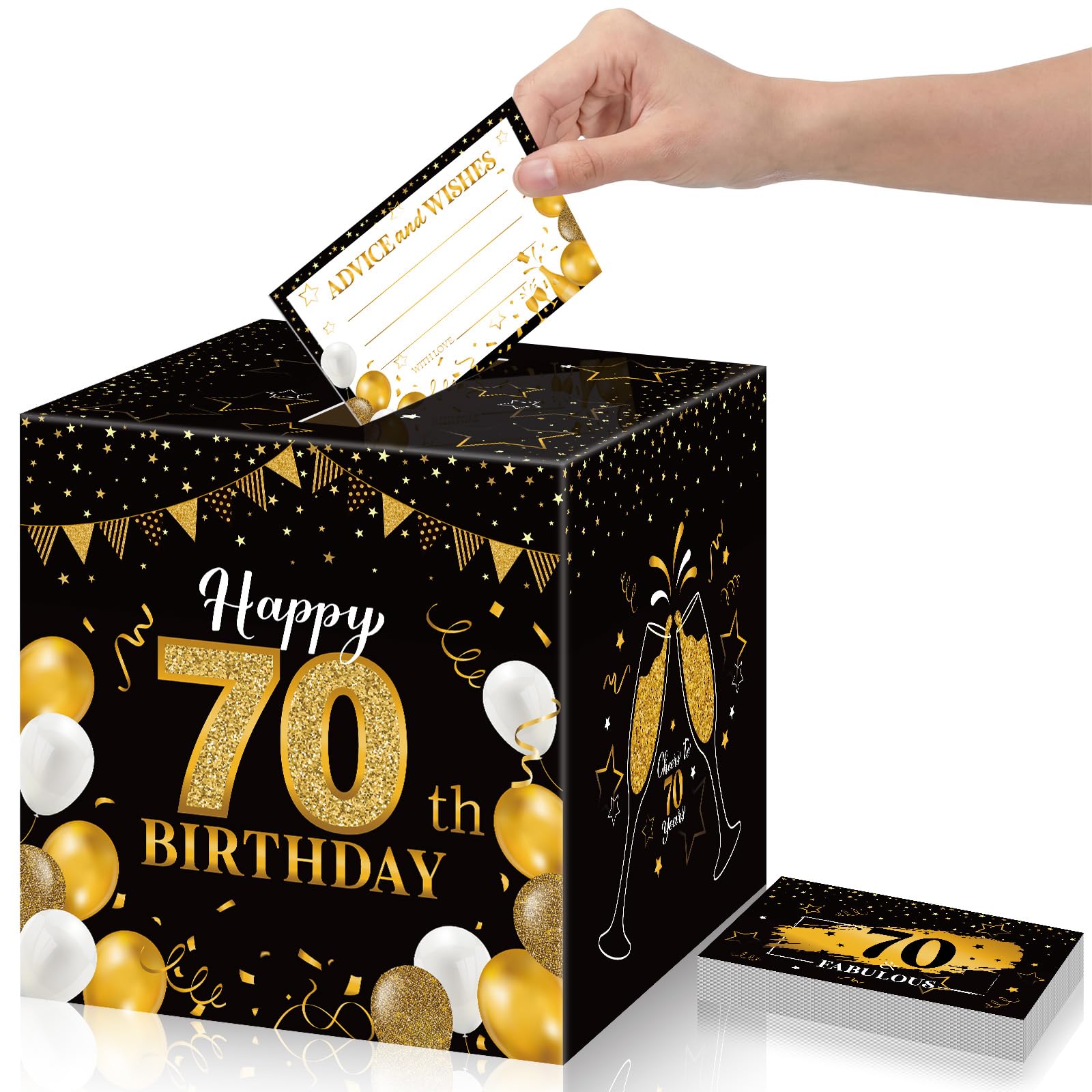 Funrous 70th Birthday Party Message Card Box Cheers to 70 Years Black Gold Advice and Wishes Greeting Card Box for Men Women Birthday Decorations Party Supplies Anniversary Tables Sign Decor