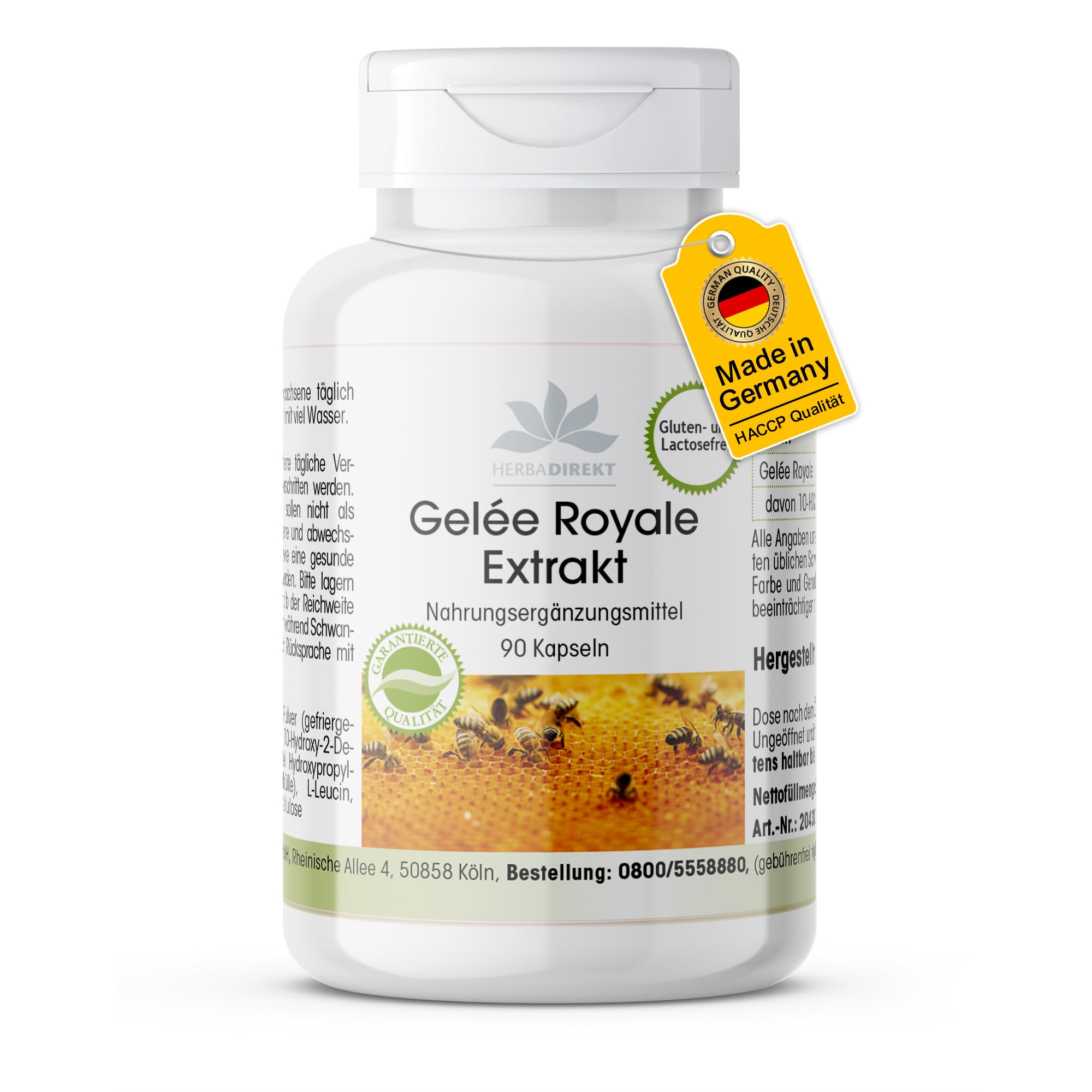 Gelée Royale Extrakt 500mg - 90 Kapseln - schluckfreundlich, 4-fach konzentriert aus 2000mg Gelée Royale - Royal Jelly - hochdosiert | HERBADIREKT by Warnke Vitalstoffe - Deutsche Apothekenqualität