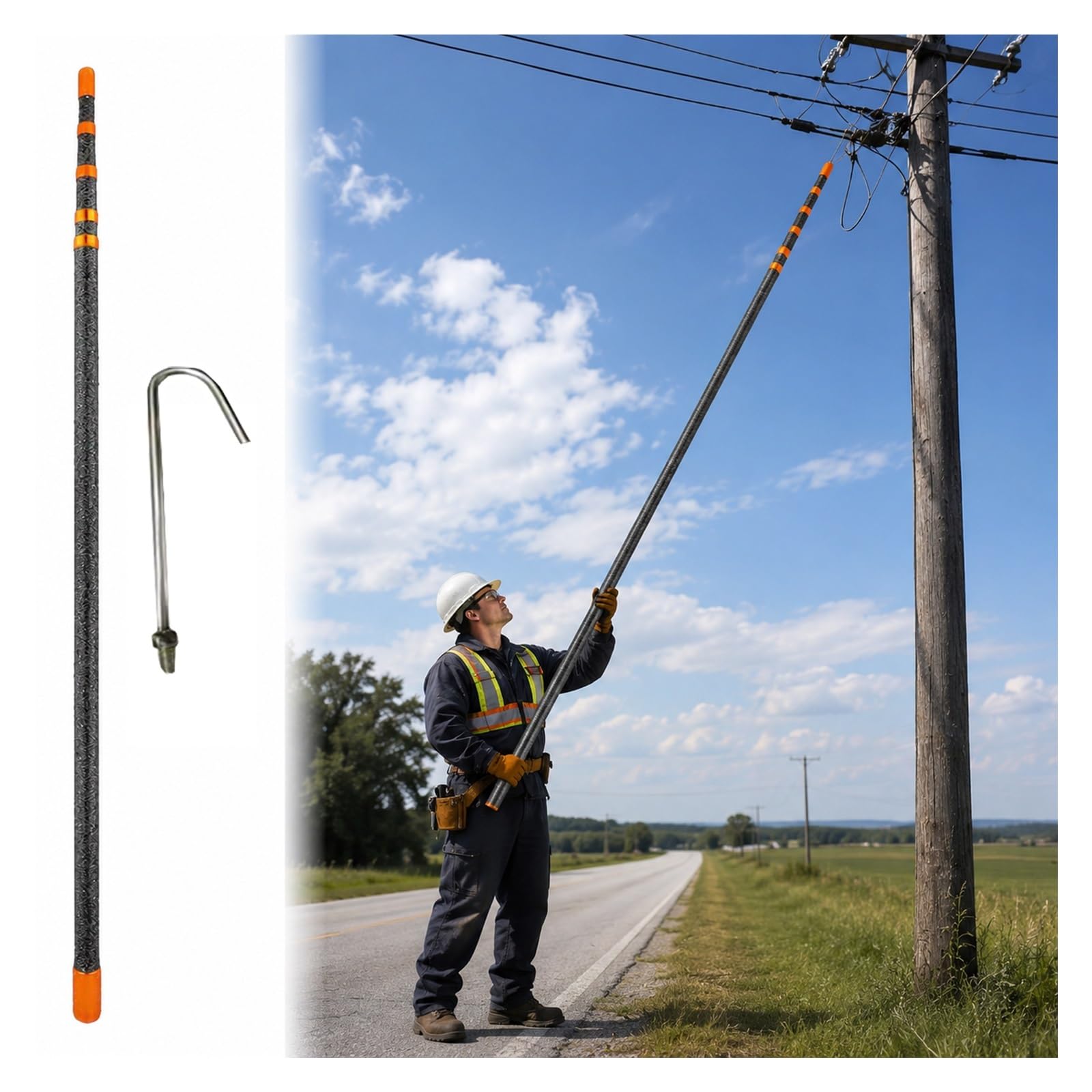 MZZKFC 6 10 13 16 20 23 26 30ft Telescoping Lineman Hot Stick，Lightweight 45KV High Voltage Rod for Emergency Repairs，Insulating Switching Pole with Hookhead(G head,Longest 4m/13.1 ft)