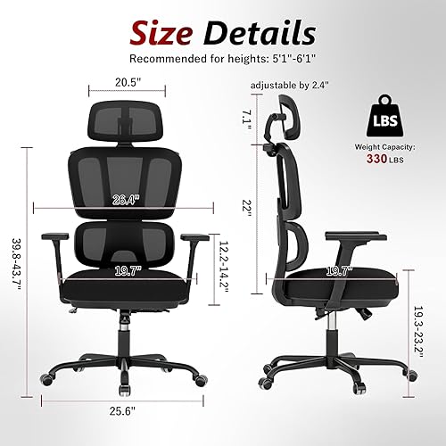 Miniatura 2 de Silla de oficina con respaldo alto, silla de escritorio de malla, silla ergonómica para computadora con reposacabezas, reposabrazos ajustables 3D y