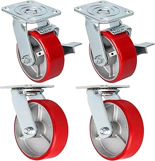 8 inch Heavy Duty Caster Set with Red Polyurethane on Steel Swivel Plate Caster with Brake for Toolbox Workbench 2645 lbs Total Capacity No Noise Toolbox casters for Industrial Trailer Furniture