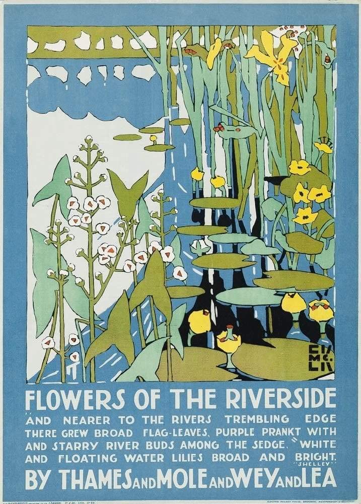 RPW Roystone Print Works Vintage London Underground 'Flowers of The Riverside', 1920, Edward McKnight Kauffer, Reproduction Classic Art Deco English Travel Poster (A3 Framed - White Frame)