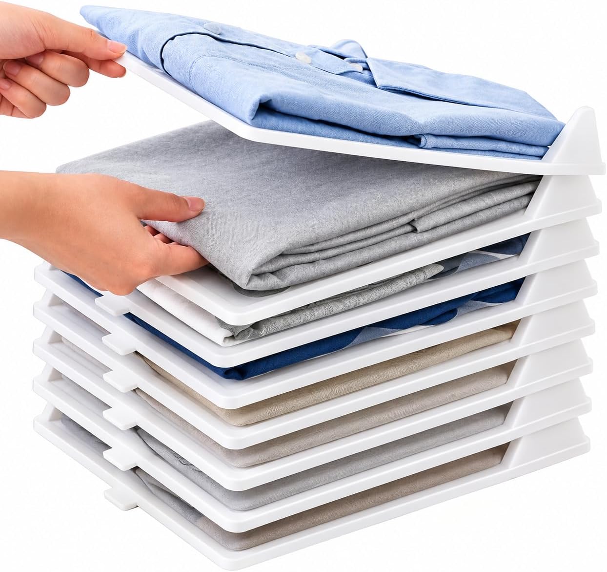 Aditya Polymers Wardrobe & Closet Organizer | Shirt Organizer & Stacker | Pack of 10 | T-Shirt Folding Tray for Almirah & Cupboard | Men & Women | Stackable Space Saving Shelf Dividers White