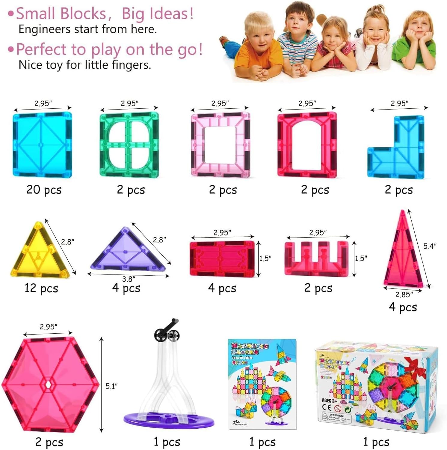 Jasonwell 57PCS Magnetic Tiles Building Blocks Set for Boys Girls Preschool Educational Magnet Construction Kit Stacking STEM Toys Christmas Birthday Gifts for Kids Toddlers 3 4 5 6 7 8 9 + Year Old