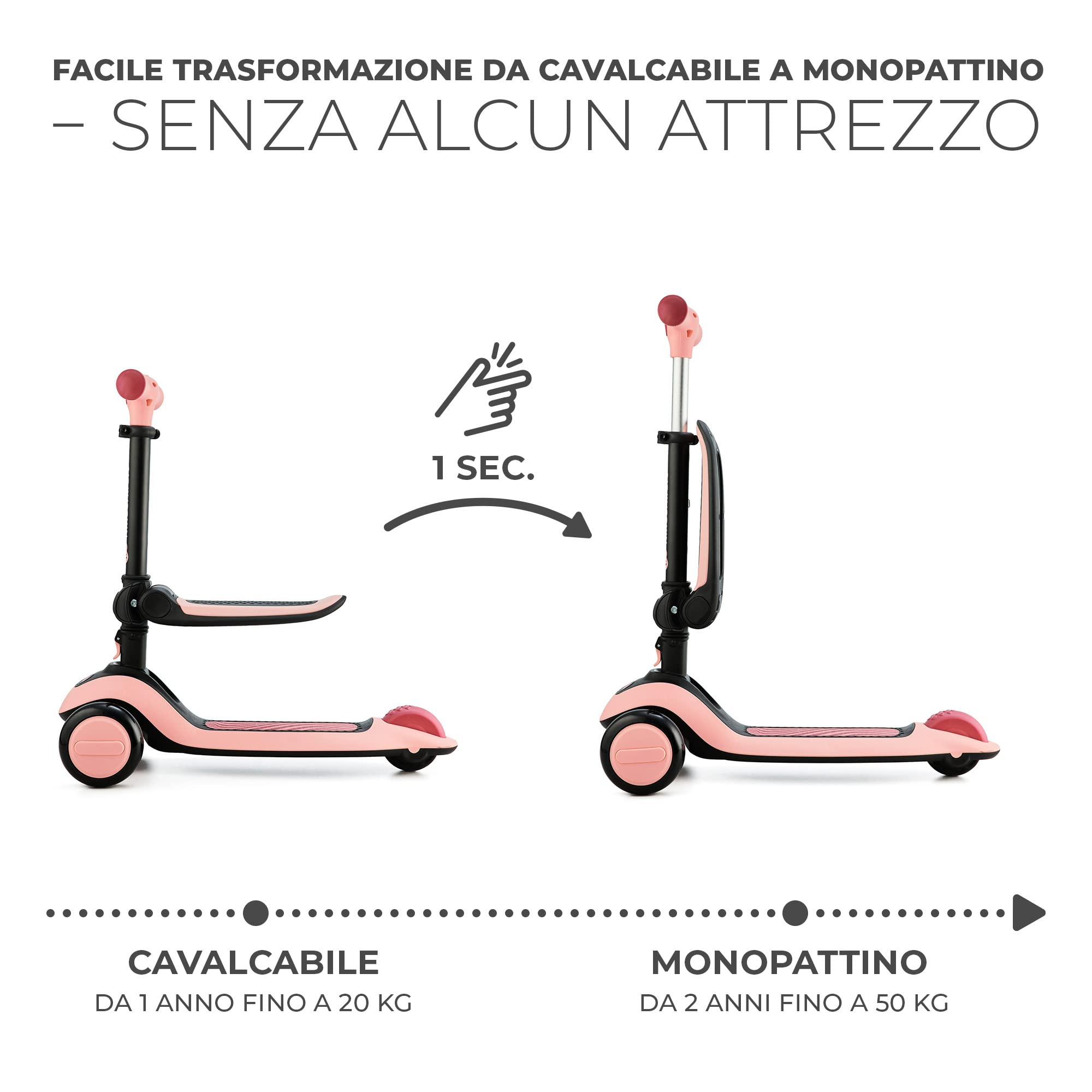 Kinderkraft HALLEY 2 in 1 Bicicletta Senza Pedali e Monopattino con Ruote LED, Manubrio Regolabile, Piattaforma Antiscivolo, Leggera e Sicura per Bambini, Rosa