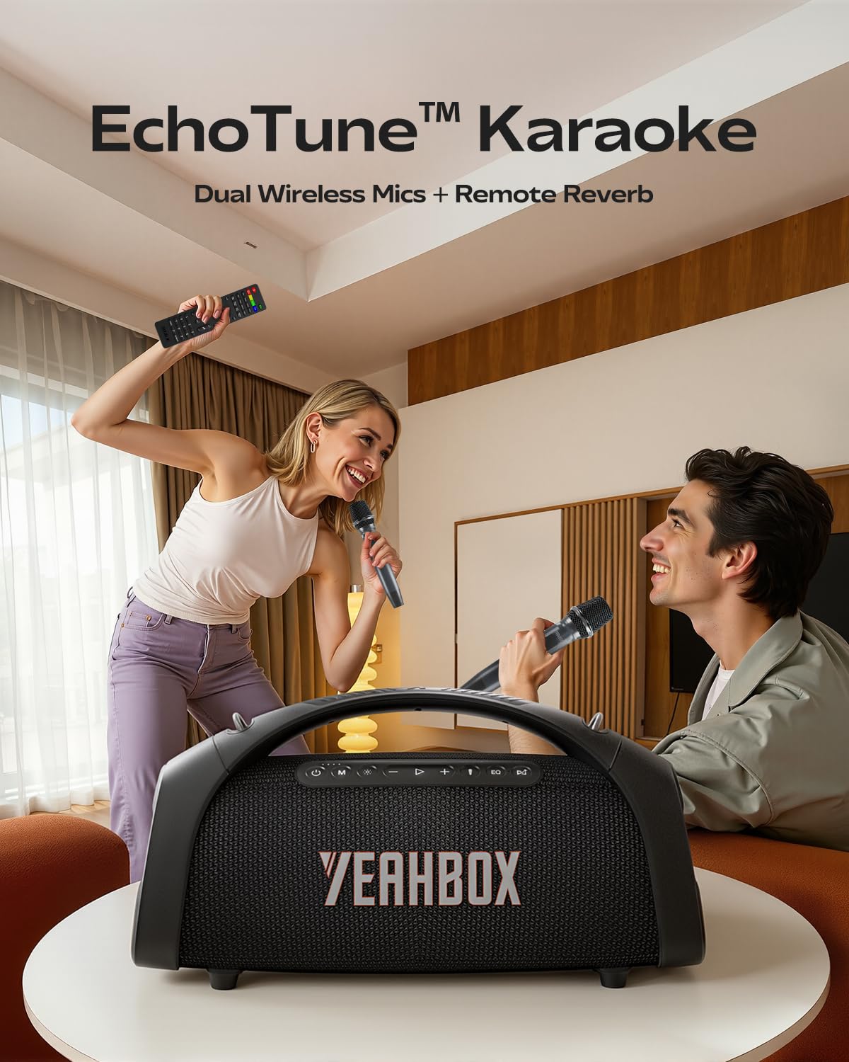 YEAHBOX Sonic Boom Max K, 200W RMS / 300W Peak Bluetooth-Lautsprecher, TriFonic Pro True 3-Wege-HiFi, PulseBass X Oval-Woofer, (Dual kabellose Mikrofone + Fernbedienung mit Reverb), Smart App EQ