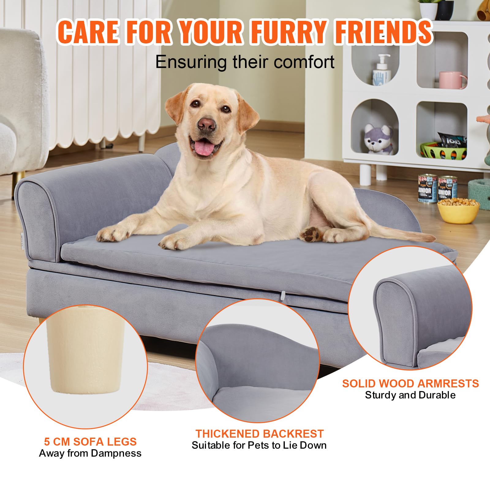 VEVOR Canapé pour animal de compagnie, panier pour chien de grande taille et chat, canapé-lit pour chiens en velours doux, canapé pour chats avec capacité de charge de 50 kg, gris, 91 x 58,5 x 41,5 cm