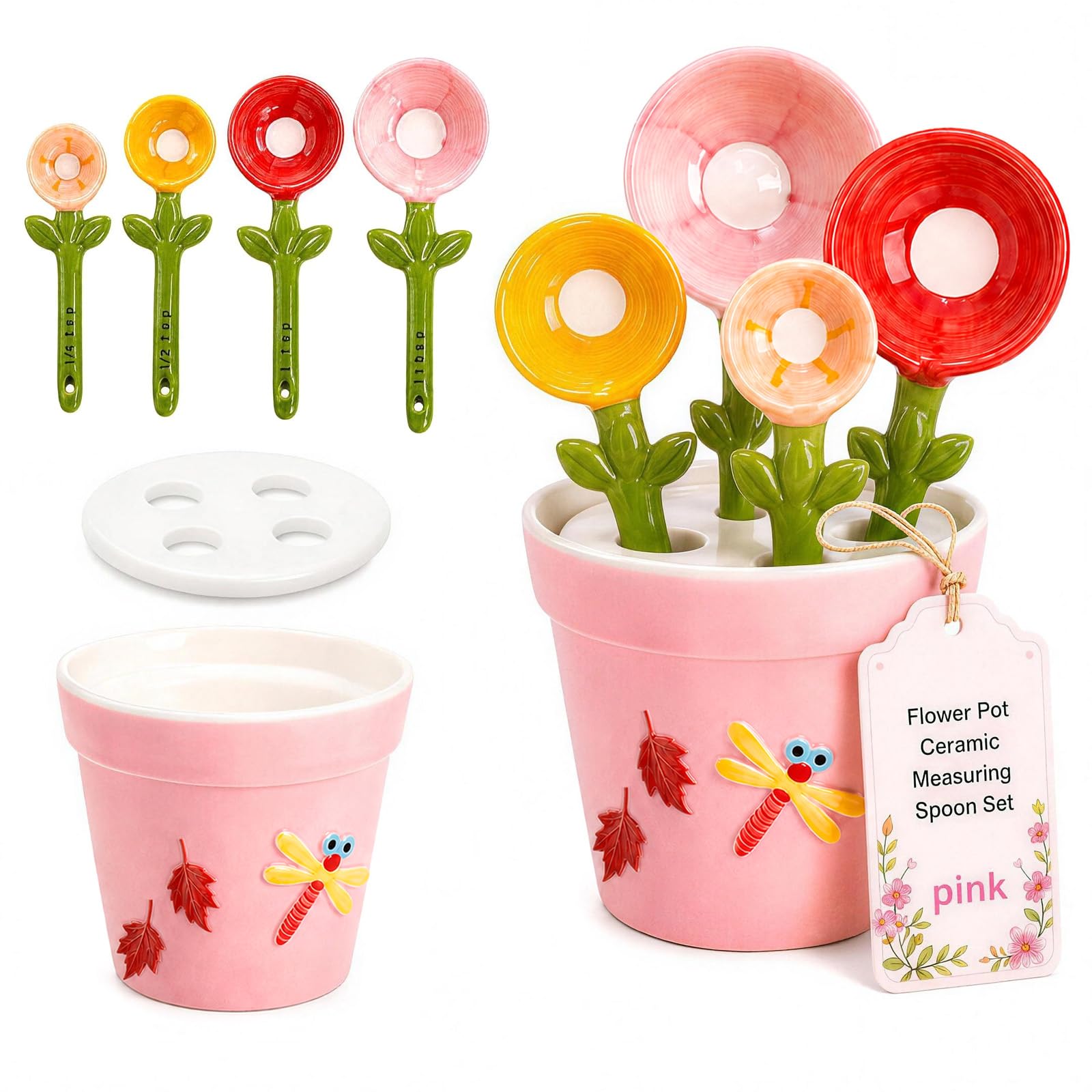 5Pcs Ceramic Flower Measuring Spoon, Cute Flower Measuring Cups and Spoons Set with 1/4 TSP, 1/2 TSP, 1 TSP, 1 Tbsp Spoons, Kitchen Measuring Liquid Food Salt、Sugar and Flour.